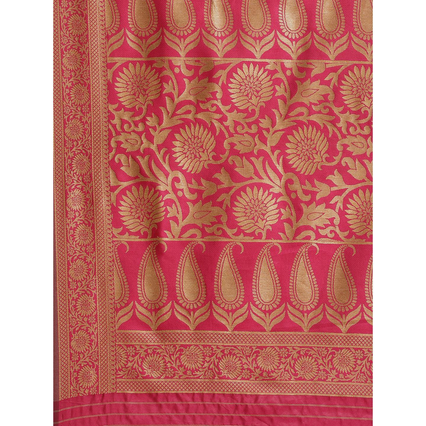 Flirty Pink Colored Festive Wear Woven Silk Blend Saree - Peachmode