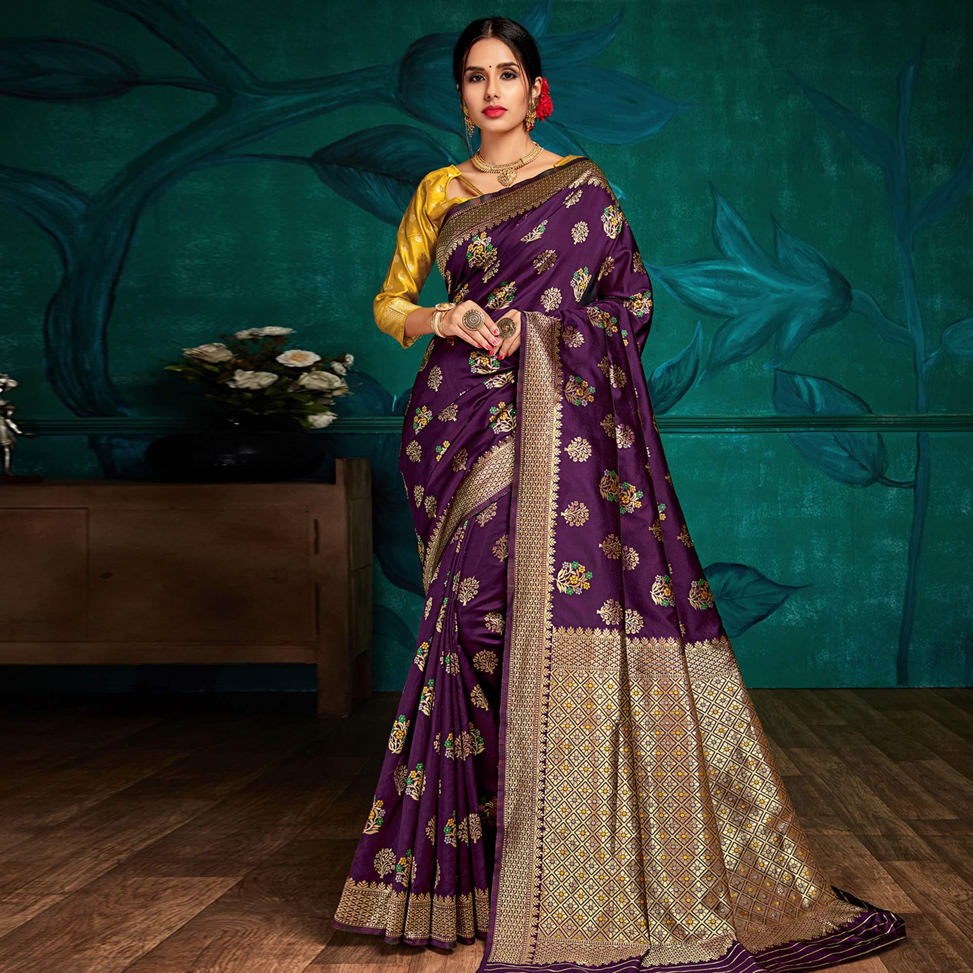Flirty Purple Colored Festive Wear Woven Silk Saree - Peachmode