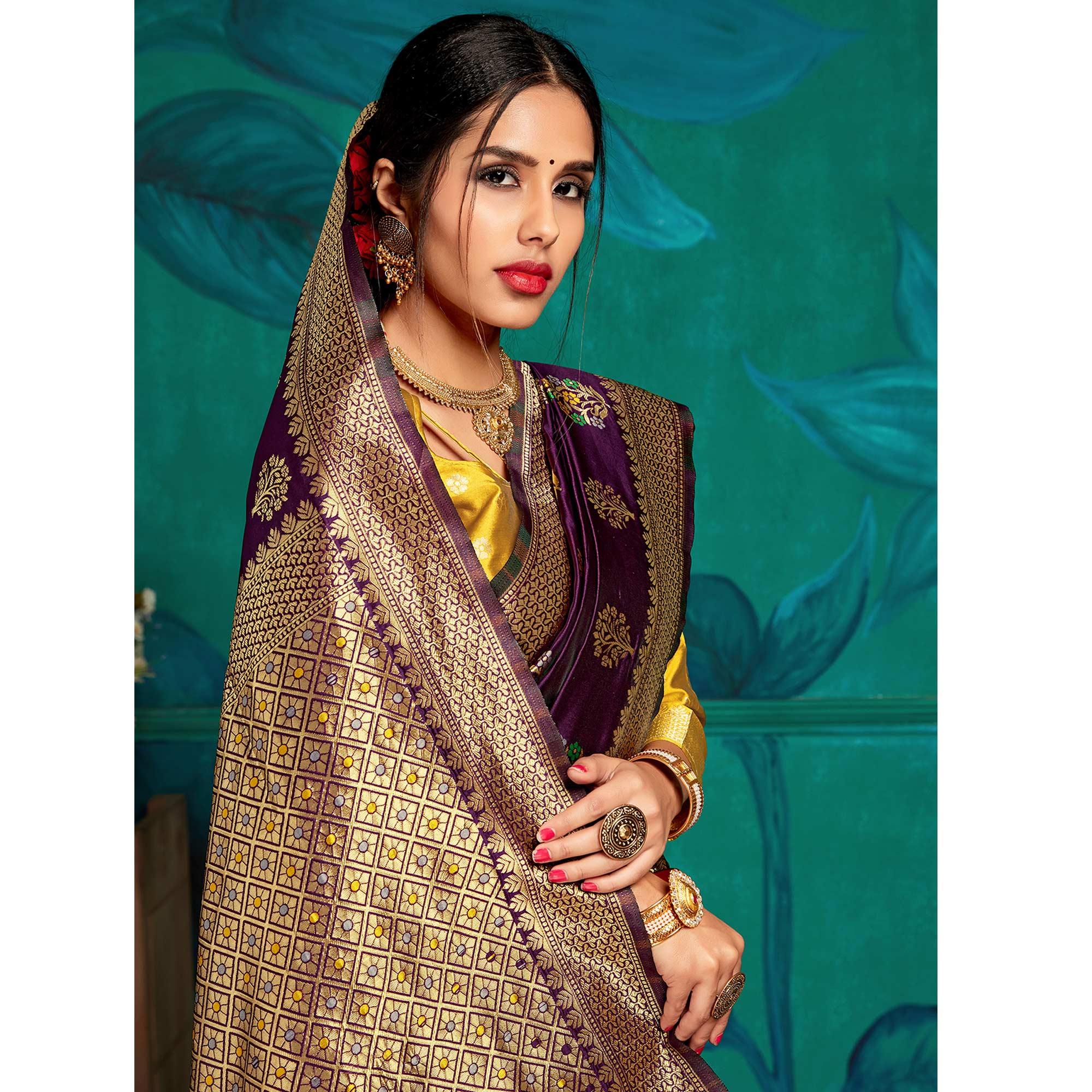 Flirty Purple Colored Festive Wear Woven Silk Saree - Peachmode