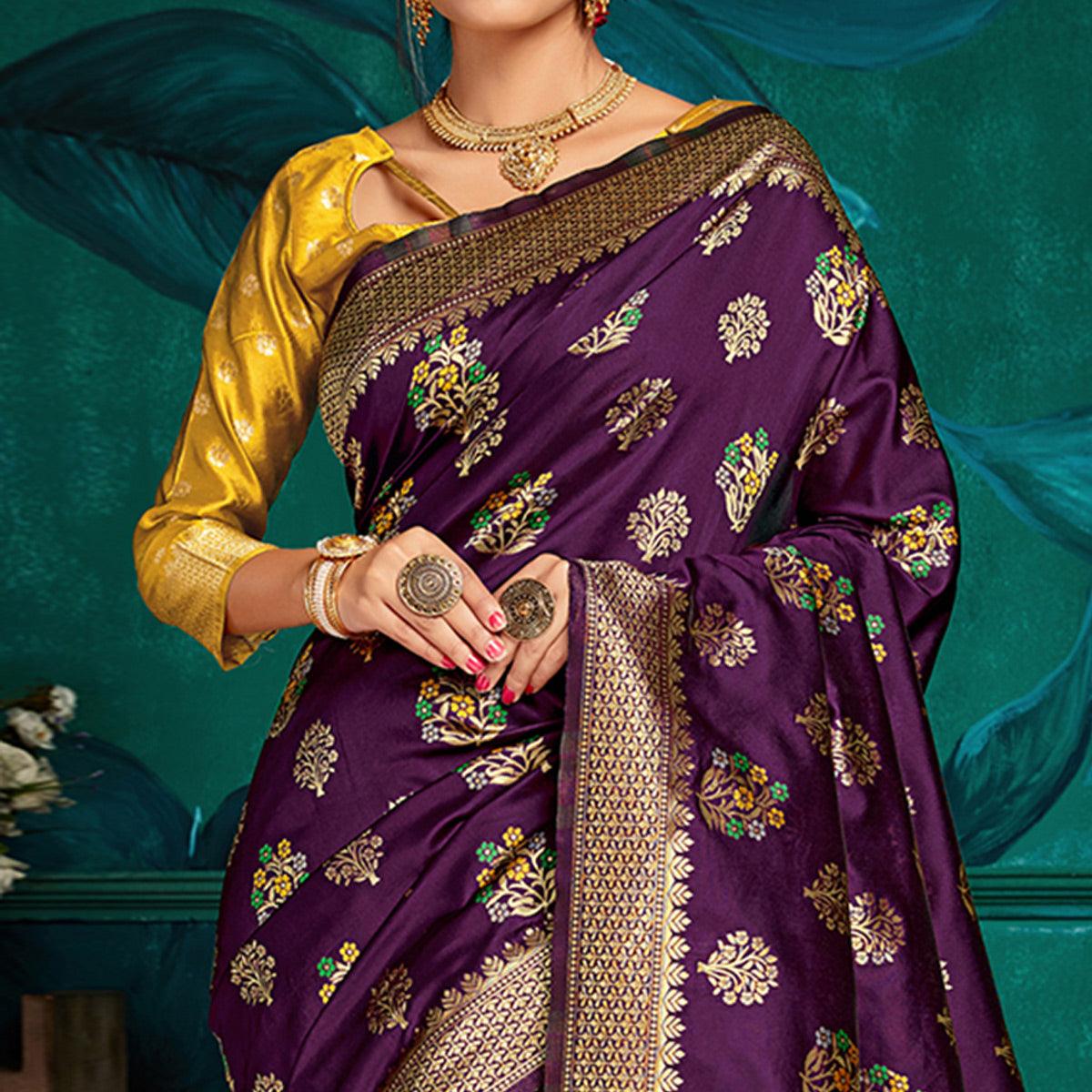 Flirty Purple Colored Festive Wear Woven Silk Saree - Peachmode