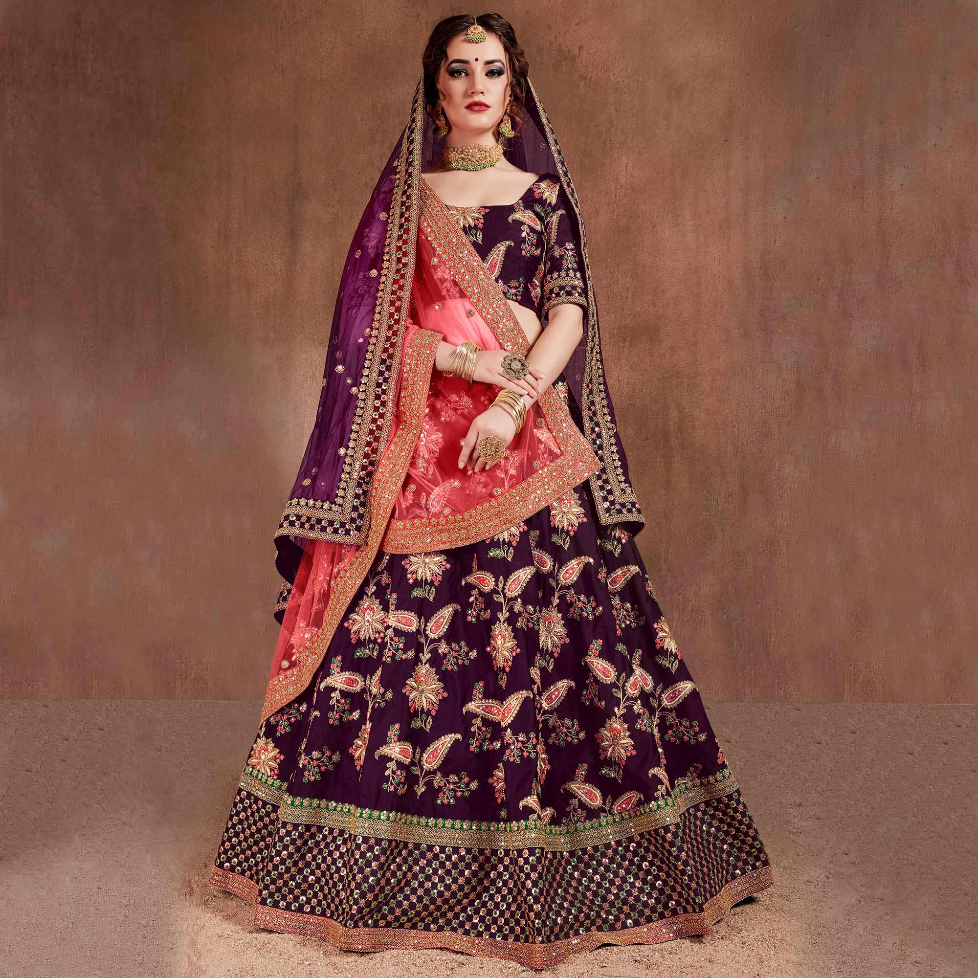 Flirty Purple Colored Partywear Embroidered Tapeta Silk Lehenga Choli - Peachmode