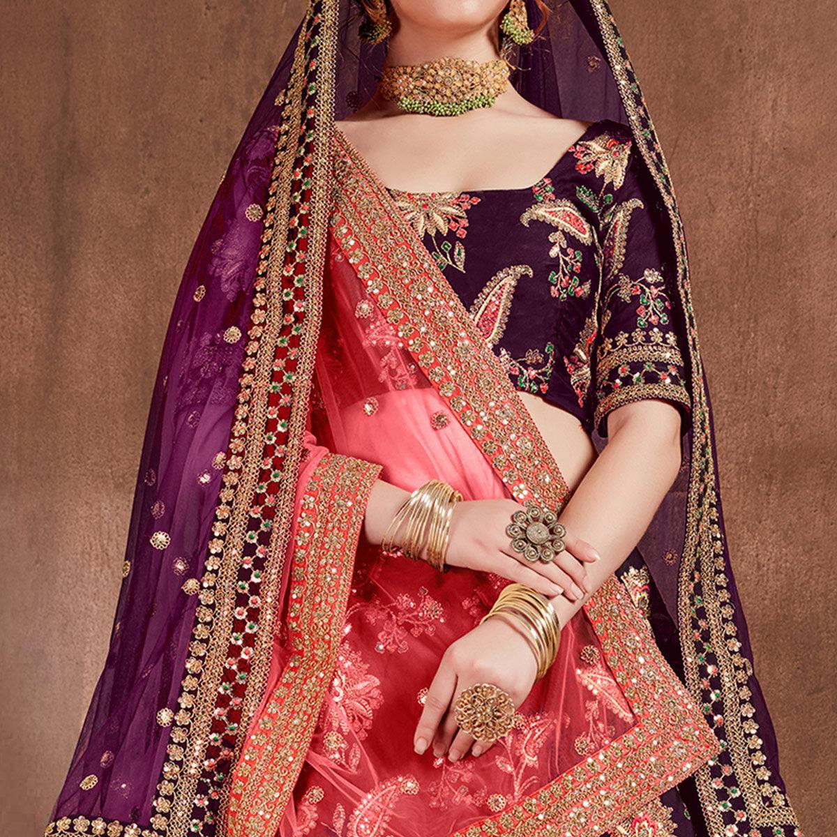 Flirty Purple Colored Partywear Embroidered Tapeta Silk Lehenga Choli - Peachmode