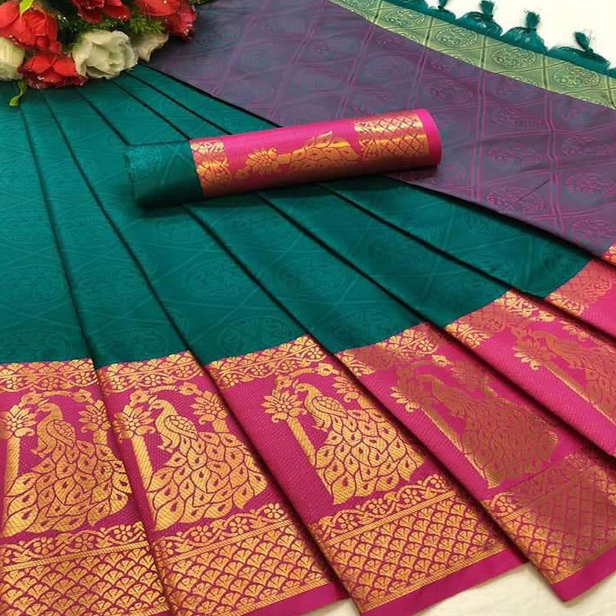 Flirty Rama Green Coloured Festive Wear Woven Cotton Silk Saree - Peachmode