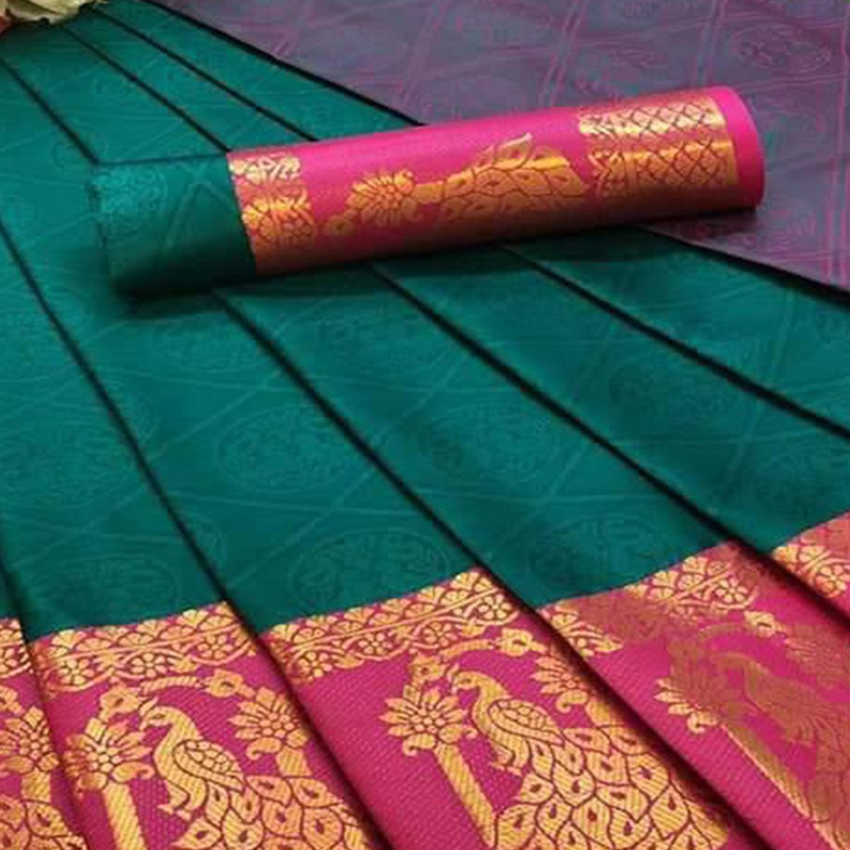 Flirty Rama Green Coloured Festive Wear Woven Cotton Silk Saree - Peachmode