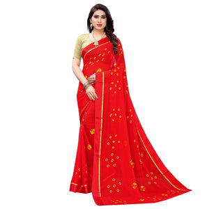 Flirty Red Colored Casual Wear Bandhani Printed Art Silk Saree - Peachmode