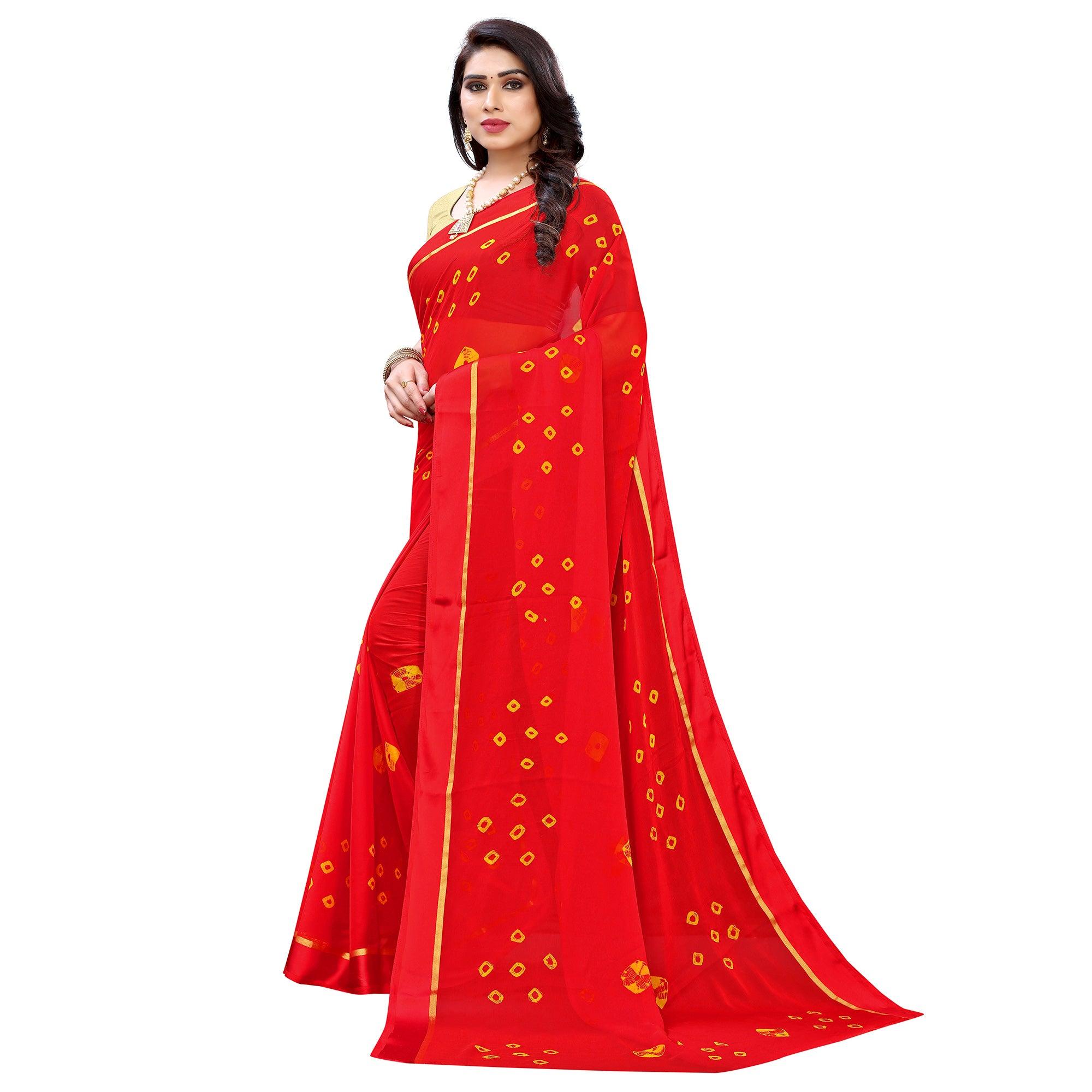 Flirty Red Colored Casual Wear Bandhani Printed Art Silk Saree - Peachmode