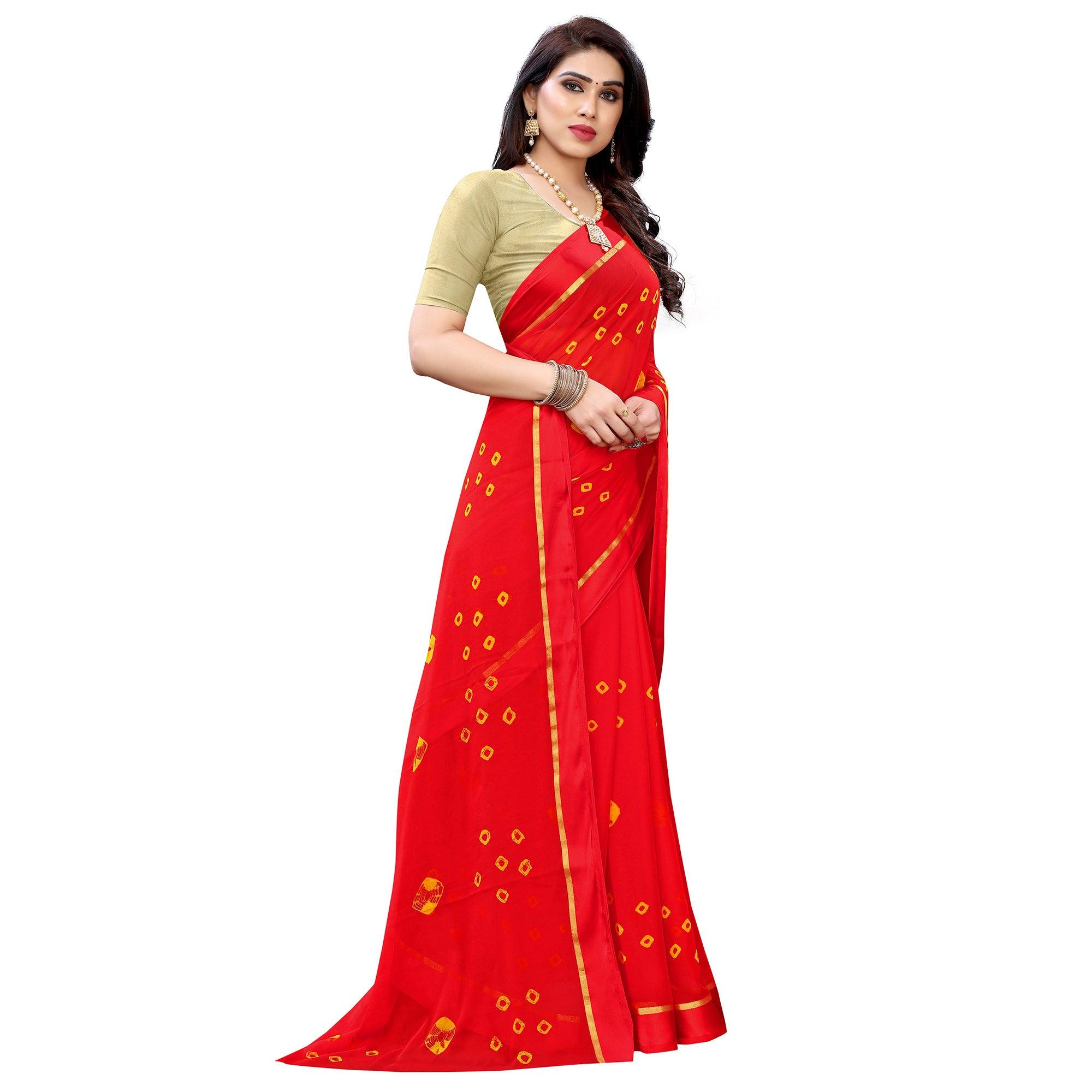 Flirty Red Colored Casual Wear Bandhani Printed Art Silk Saree - Peachmode