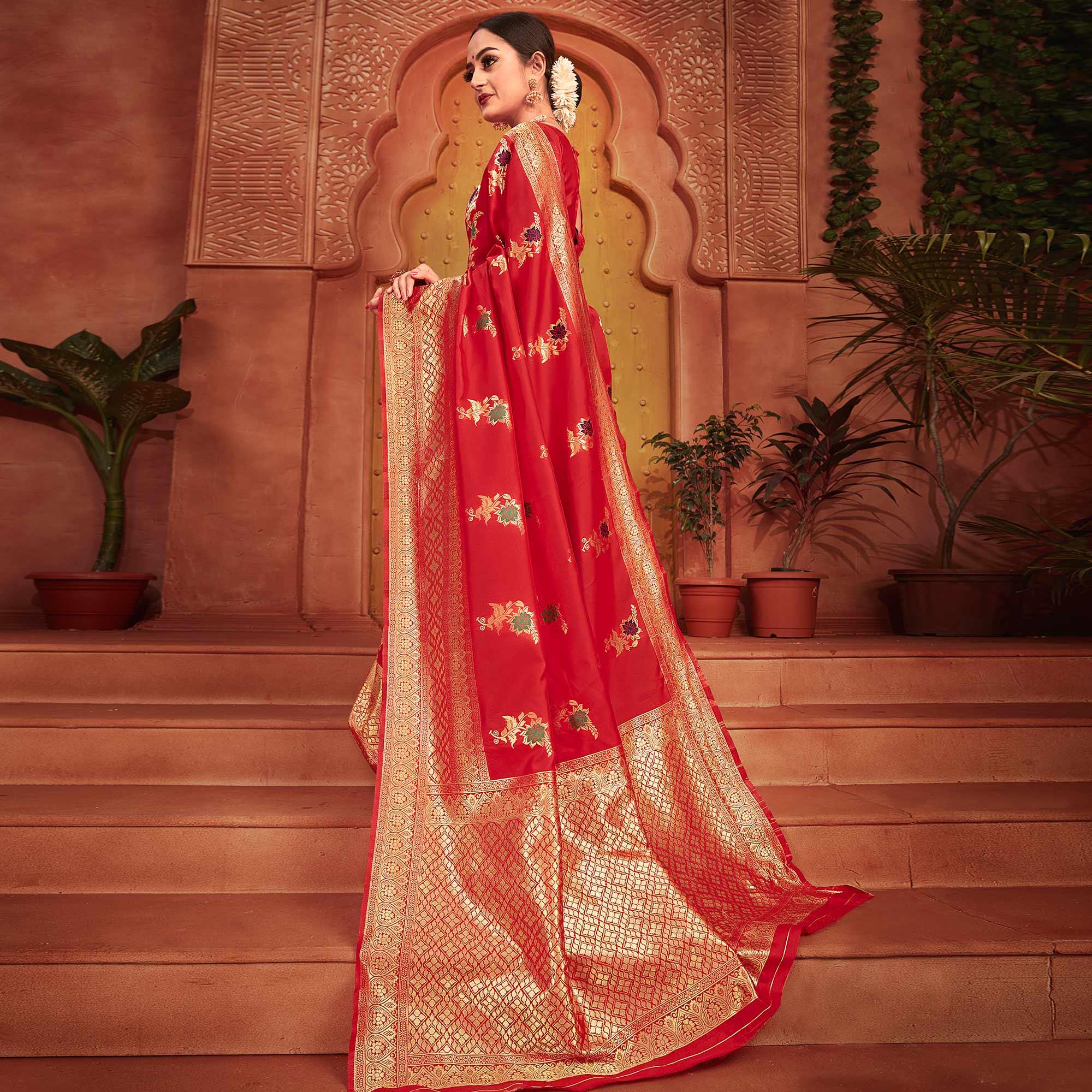 Flirty Red Colored Festive Wear Woven Designer Silk Saree - Peachmode
