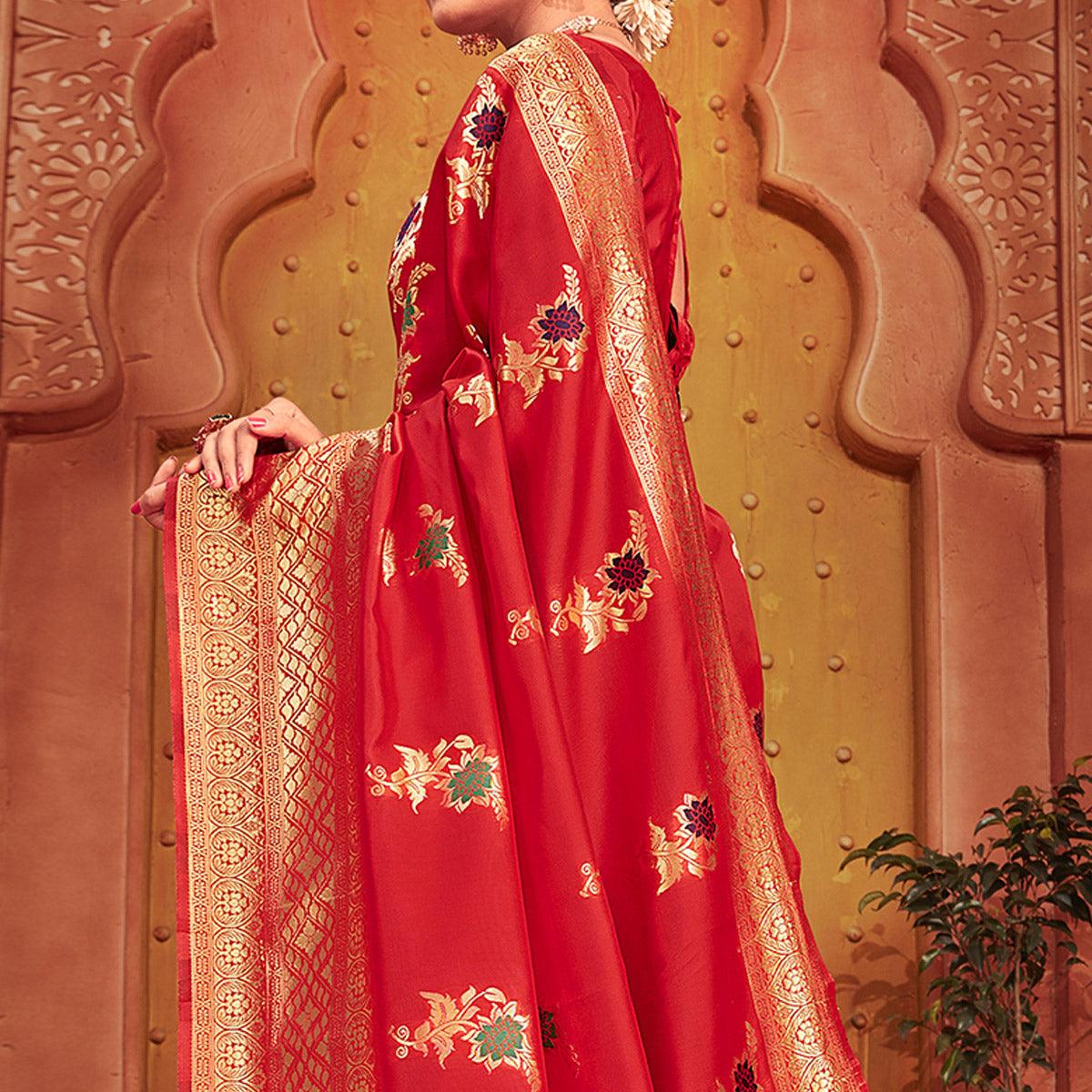Flirty Red Colored Festive Wear Woven Designer Silk Saree - Peachmode
