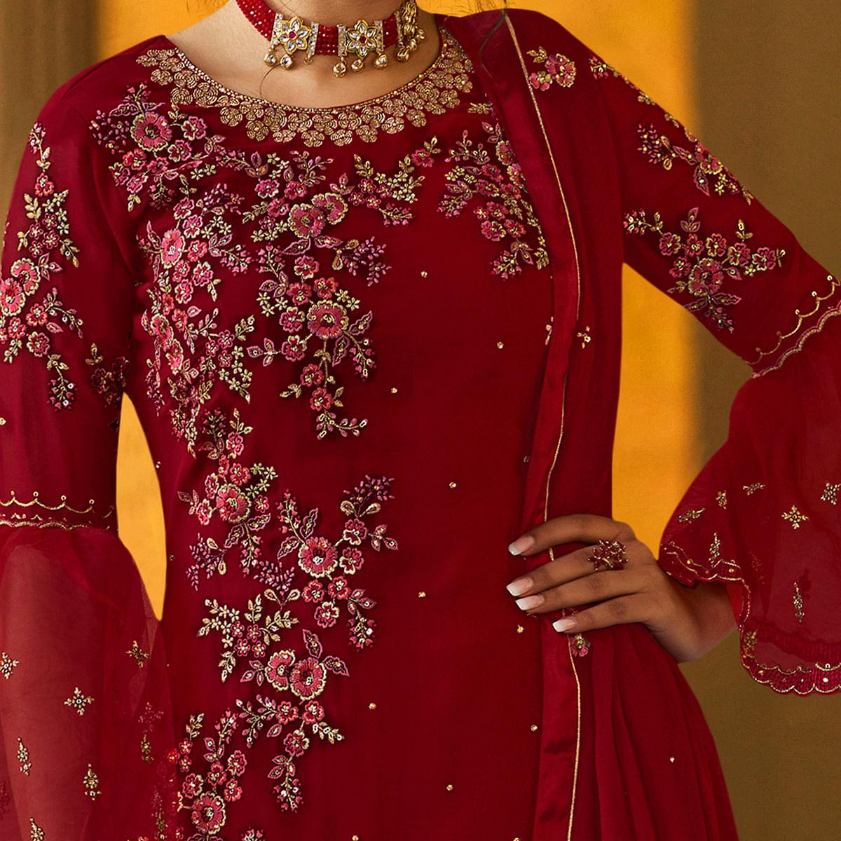 Flirty Red Coloured Partywear Embroidered Pure Georgette Palazzo Suit - Peachmode