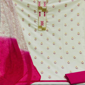 Flirty White - Pink Colored Casual Wear Embroidered Cotton Dress Material - Peachmode