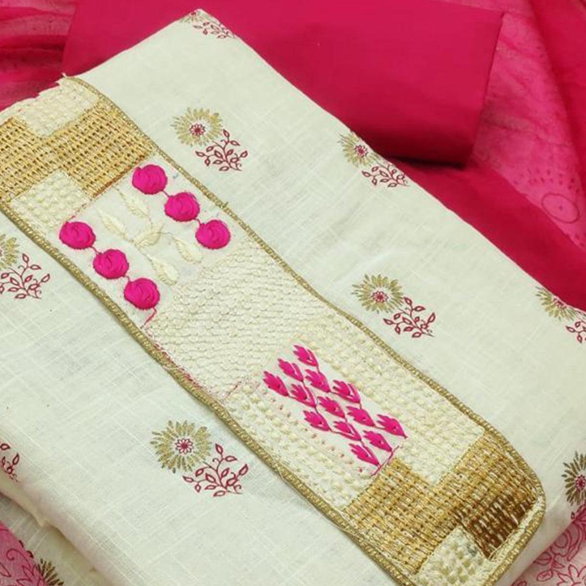 Flirty White - Pink Colored Casual Wear Embroidered Cotton Dress Material - Peachmode