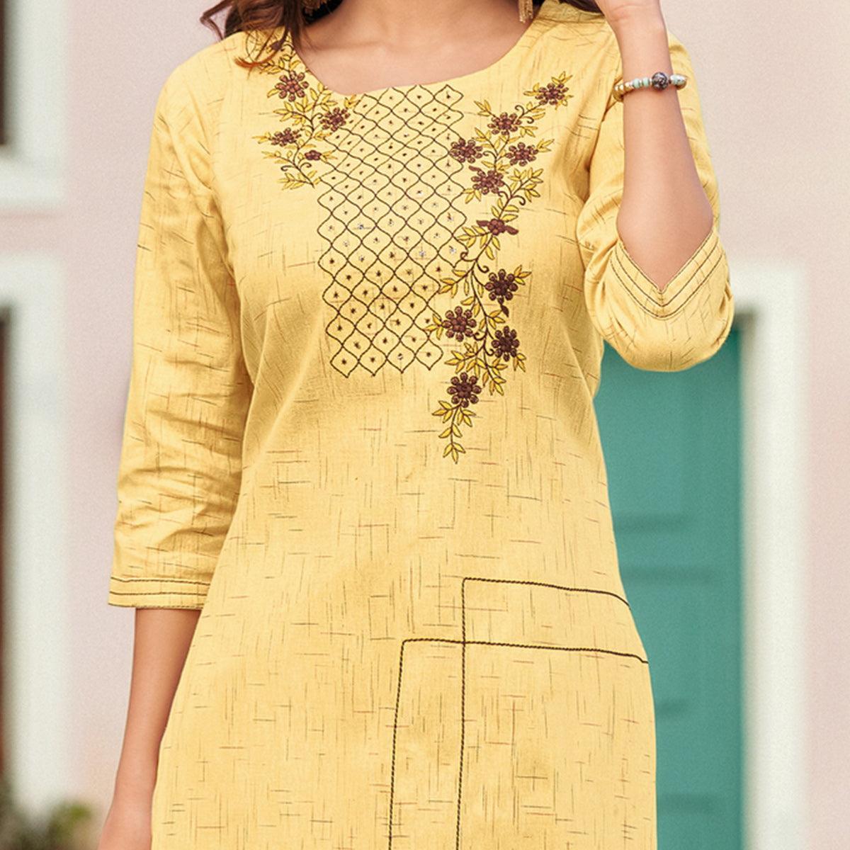 Flirty Yellow Colored Casual Wear Embroidered Heavy Pure Cotton Kurti - Peachmode