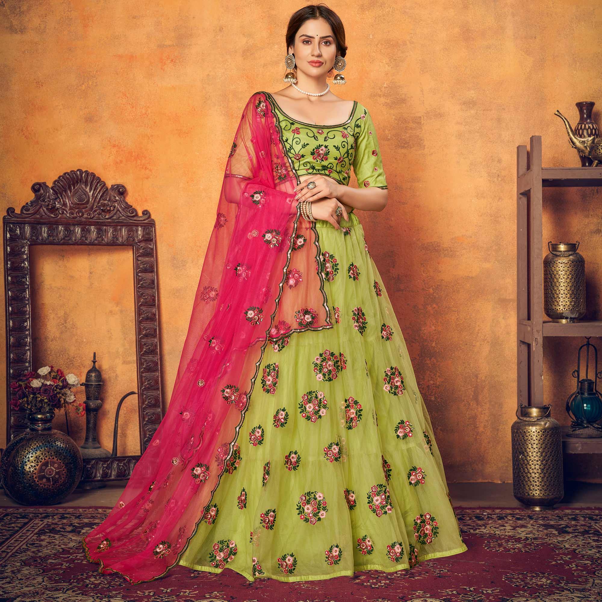 Floracance Green Festive Wear Thread With Floral Sequence Embroidered Net Lehenga Choli - Peachmode