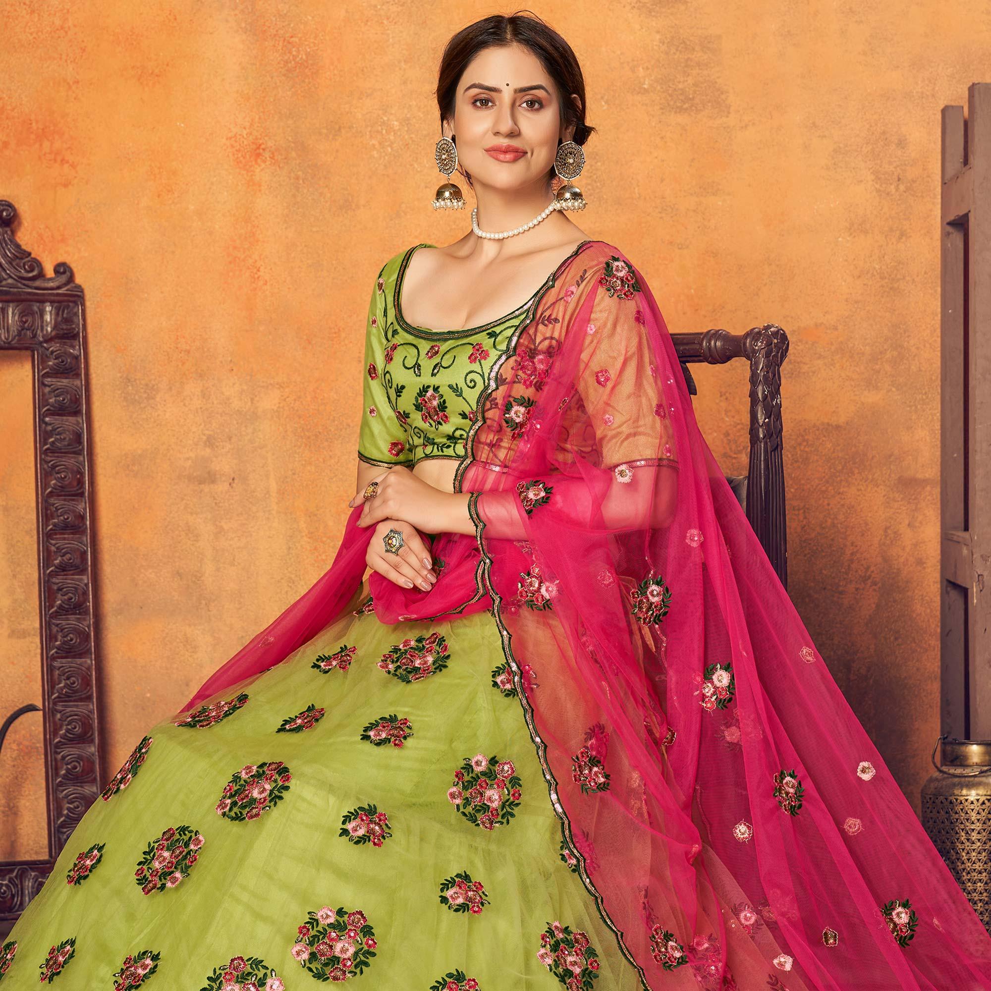 Floracance Green Festive Wear Thread With Floral Sequence Embroidered Net Lehenga Choli - Peachmode