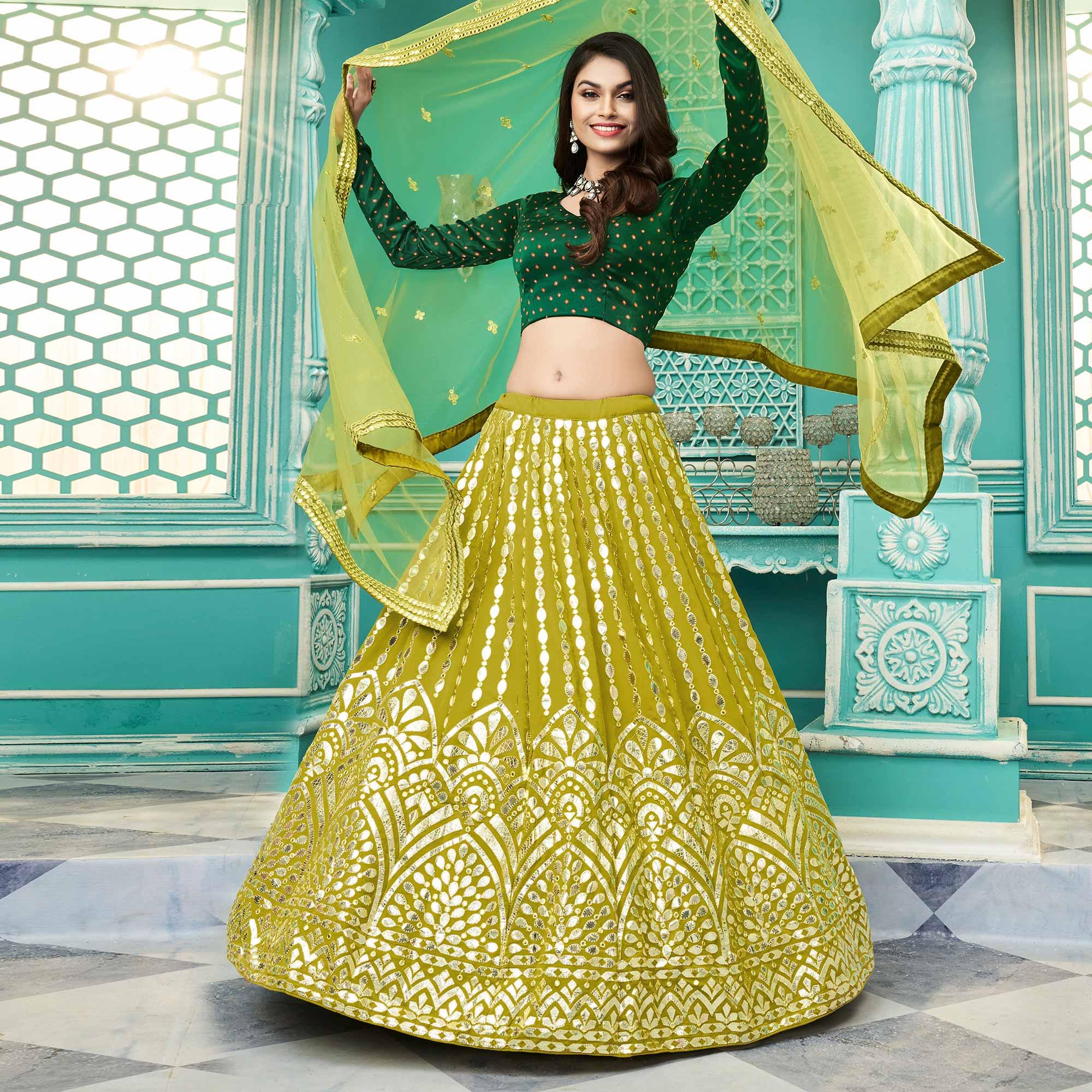 Floracance Green Partywear Sequence Embroidered Georgette Lehenga Choli - Peachmode