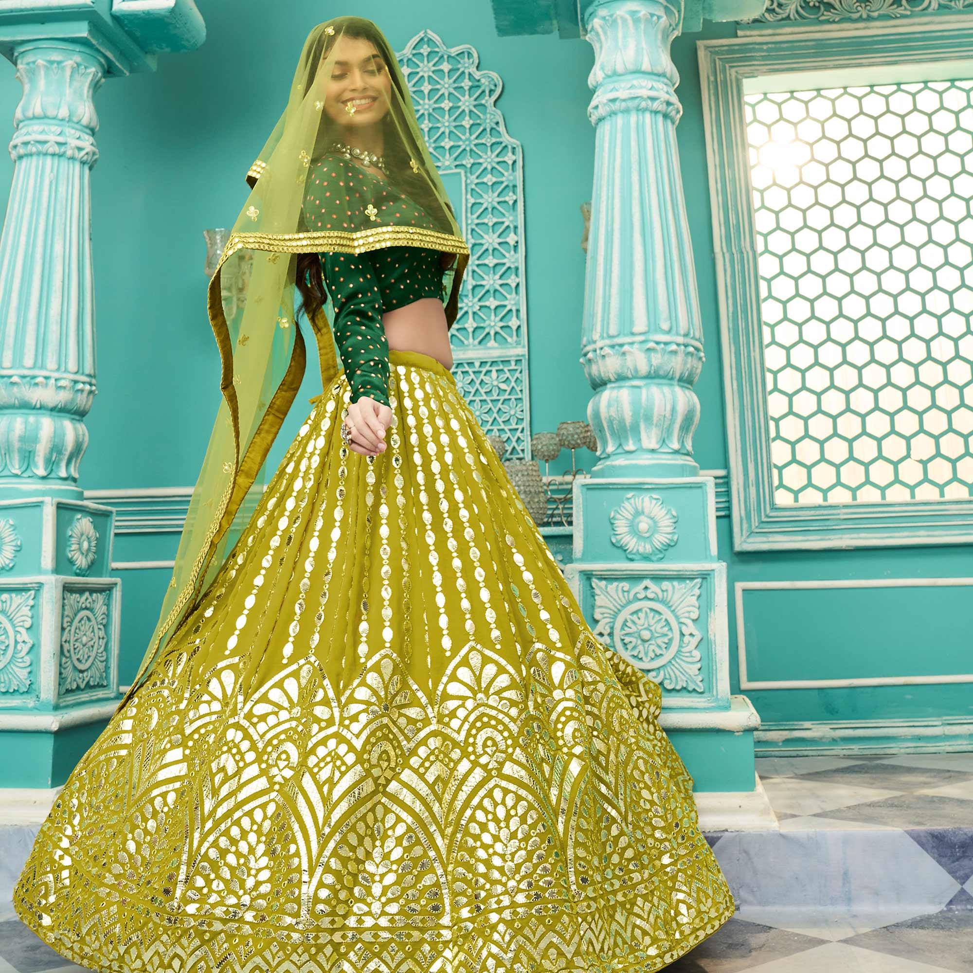 Floracance Green Partywear Sequence Embroidered Georgette Lehenga Choli - Peachmode