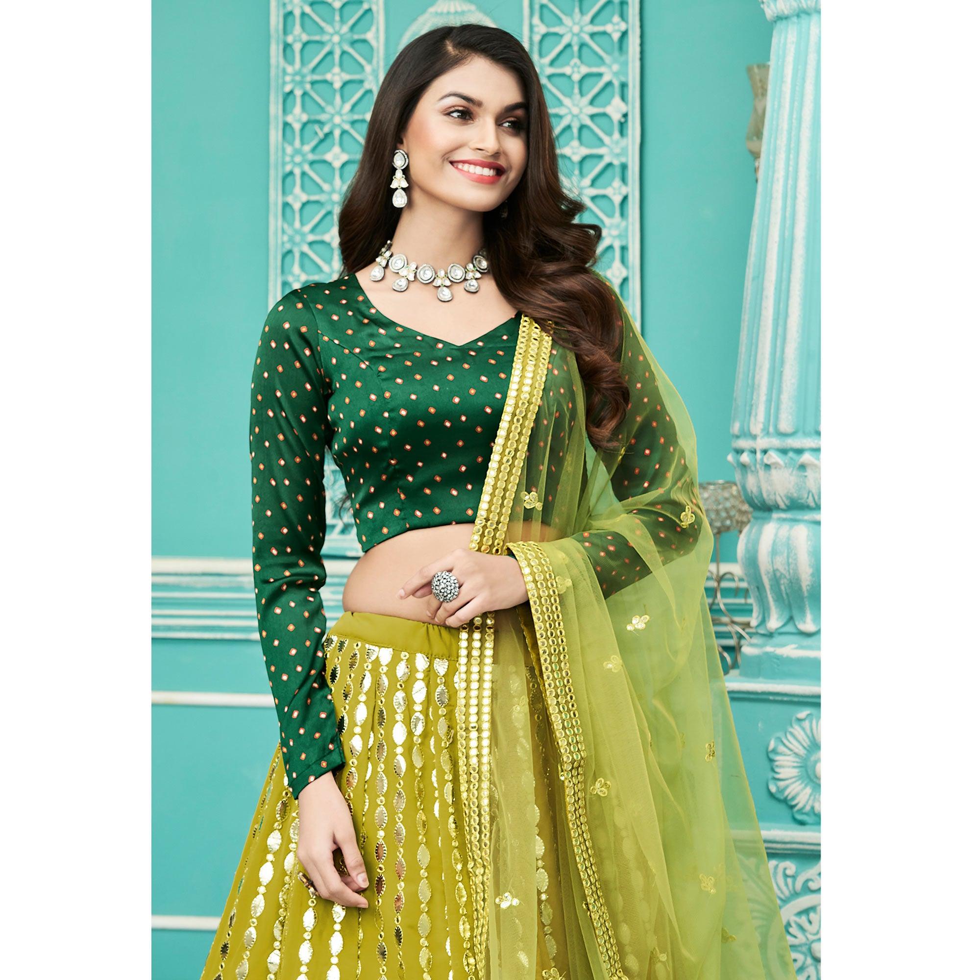 Floracance Green Partywear Sequence Embroidered Georgette Lehenga Choli - Peachmode
