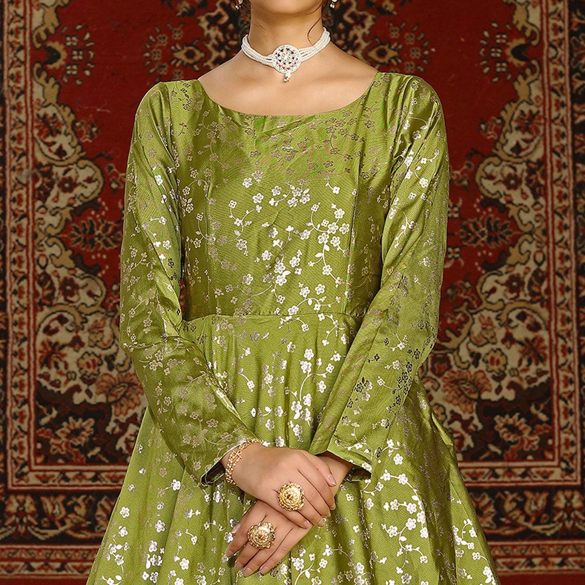 Fluorescent Green Party Wear Designer Metalic Foil Printed Work Taffeta Gown - Peachmode