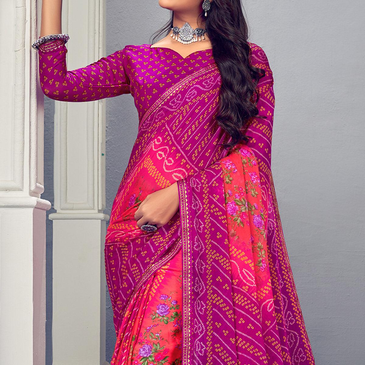 Fuchsia & Purple Bandhani Printed Chiffon Saree With Tassels - Peachmode