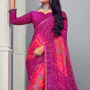 Fuchsia & Purple Bandhani Printed Chiffon Saree With Tassels - Peachmode