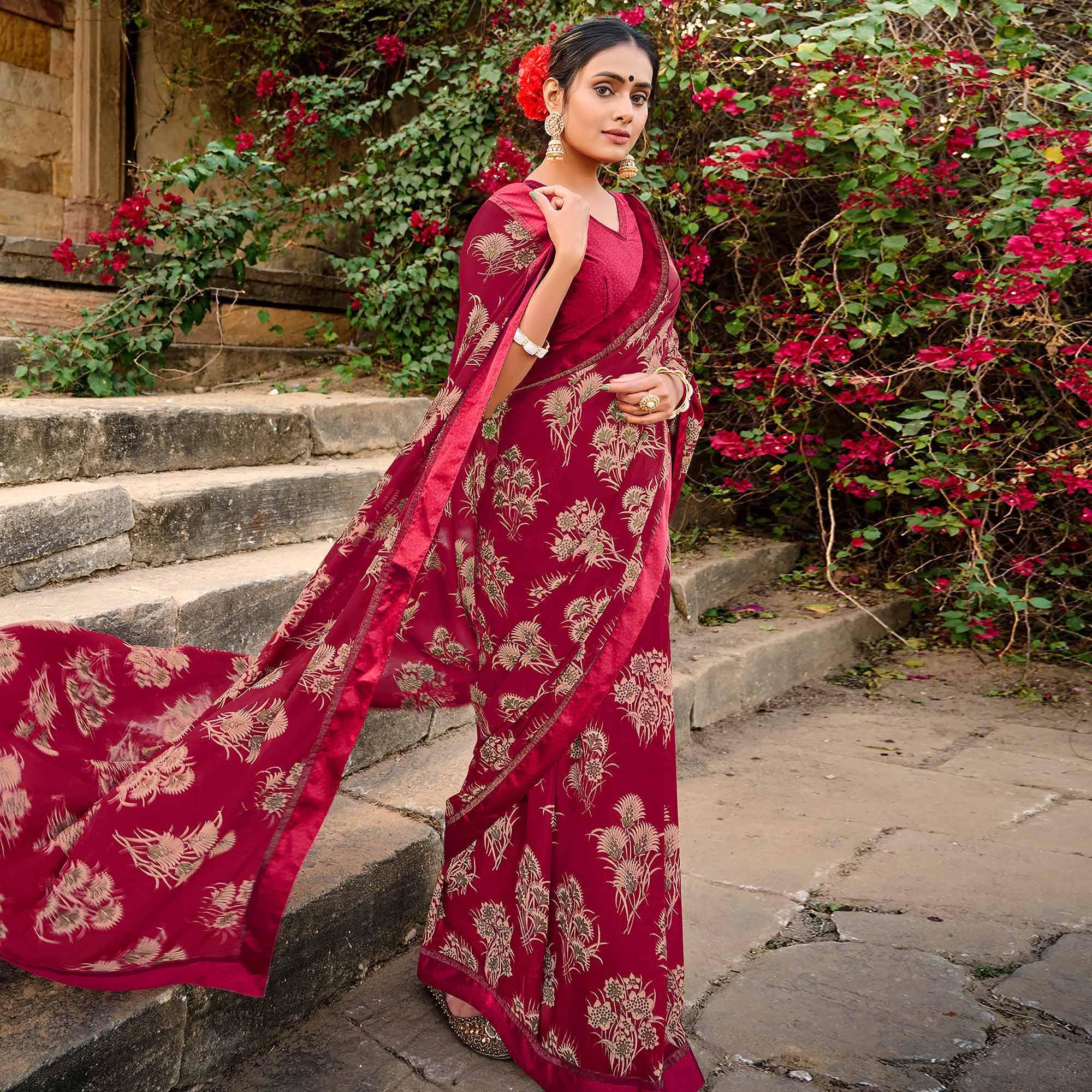 Fuchsia Foil Printed Georgette Saree - Peachmode