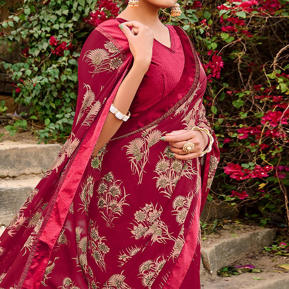 Fuchsia Foil Printed Georgette Saree - Peachmode