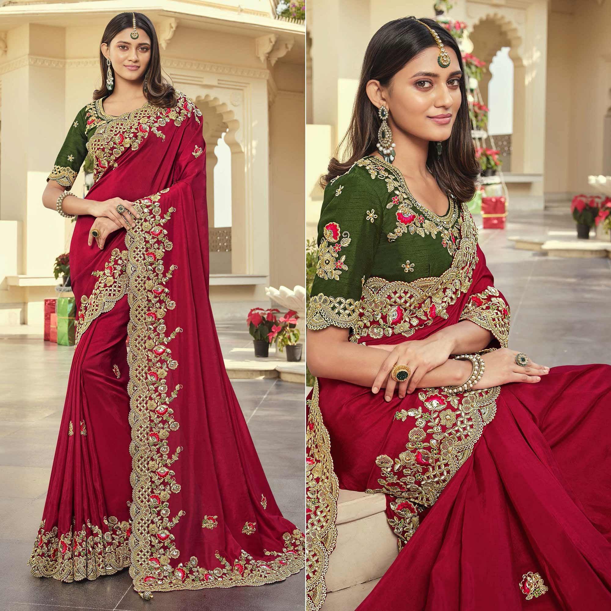 Fuchsia Party Wear Embroidered Satin Saree - Peachmode