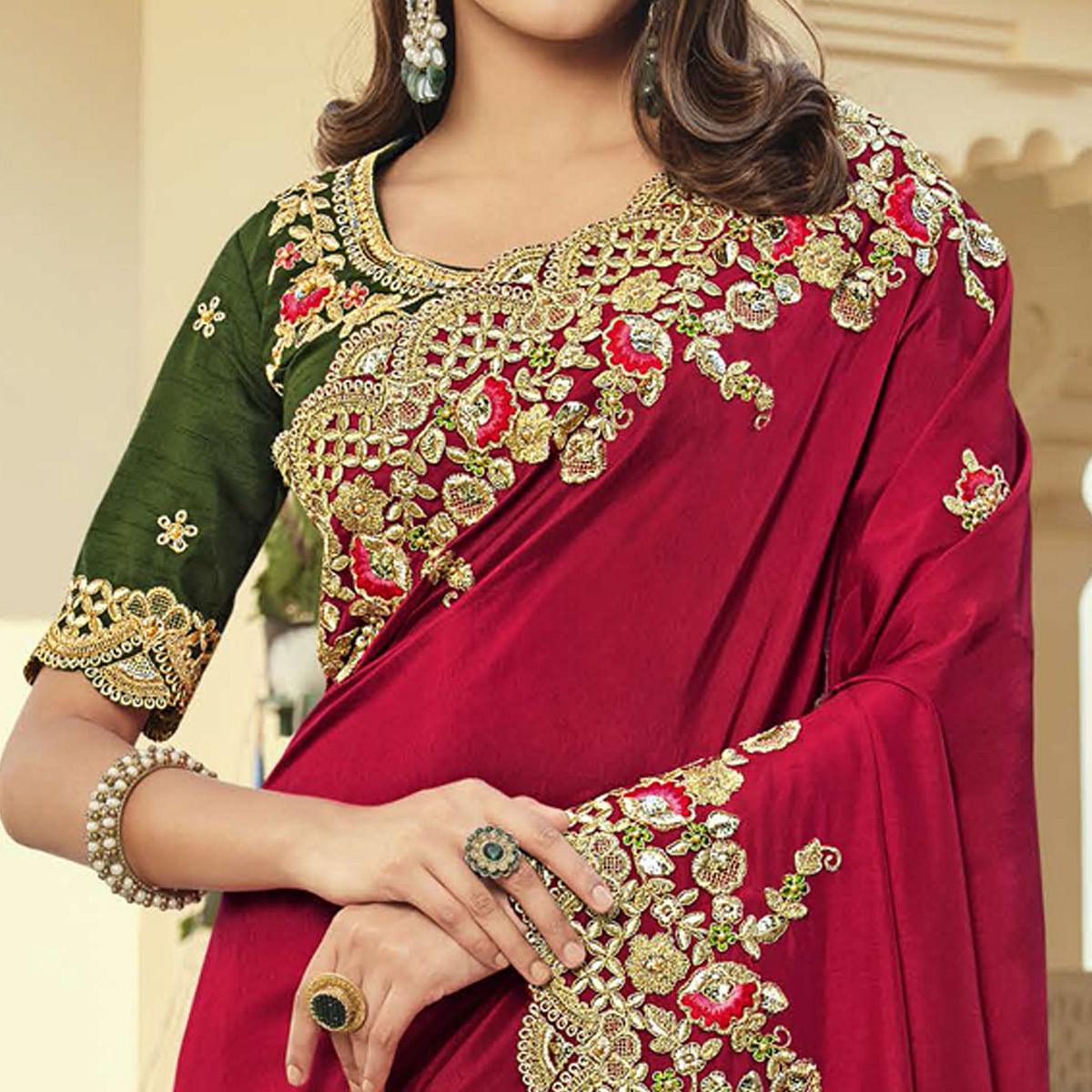 Fuchsia Party Wear Embroidered Satin Saree - Peachmode