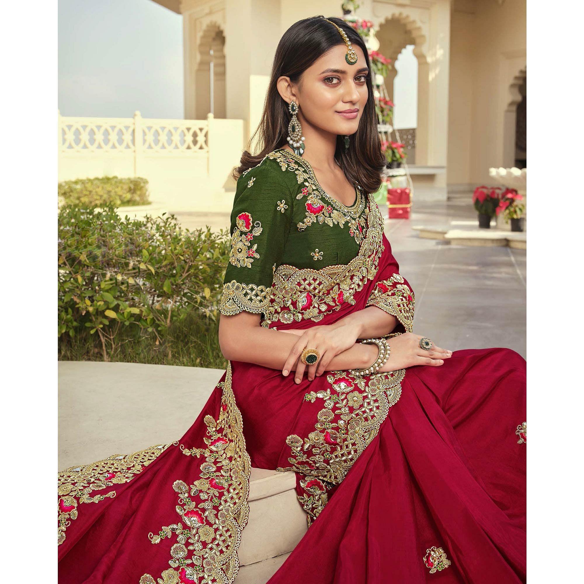 Fuchsia Party Wear Embroidered Satin Saree - Peachmode