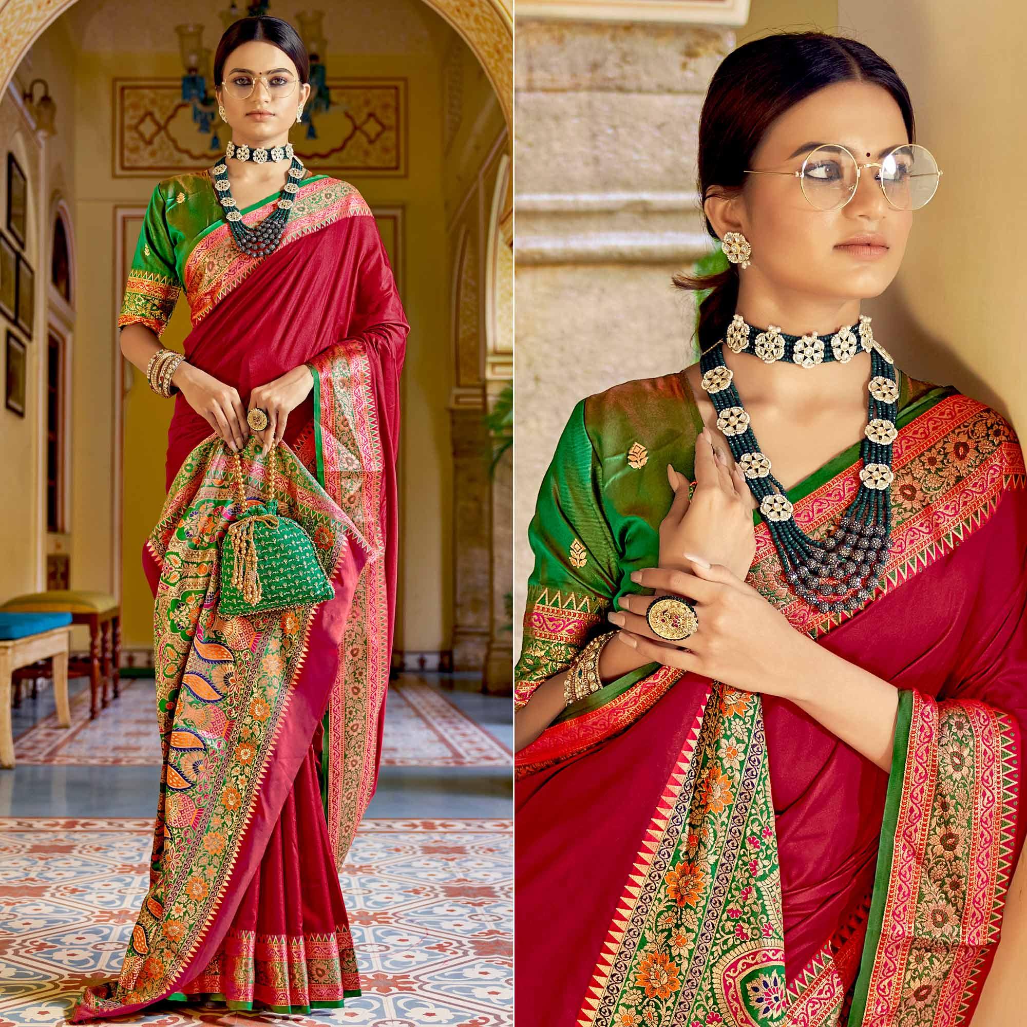 Fuchsia Pink Festive Wear Woven Banarasi Silk Saree - Peachmode