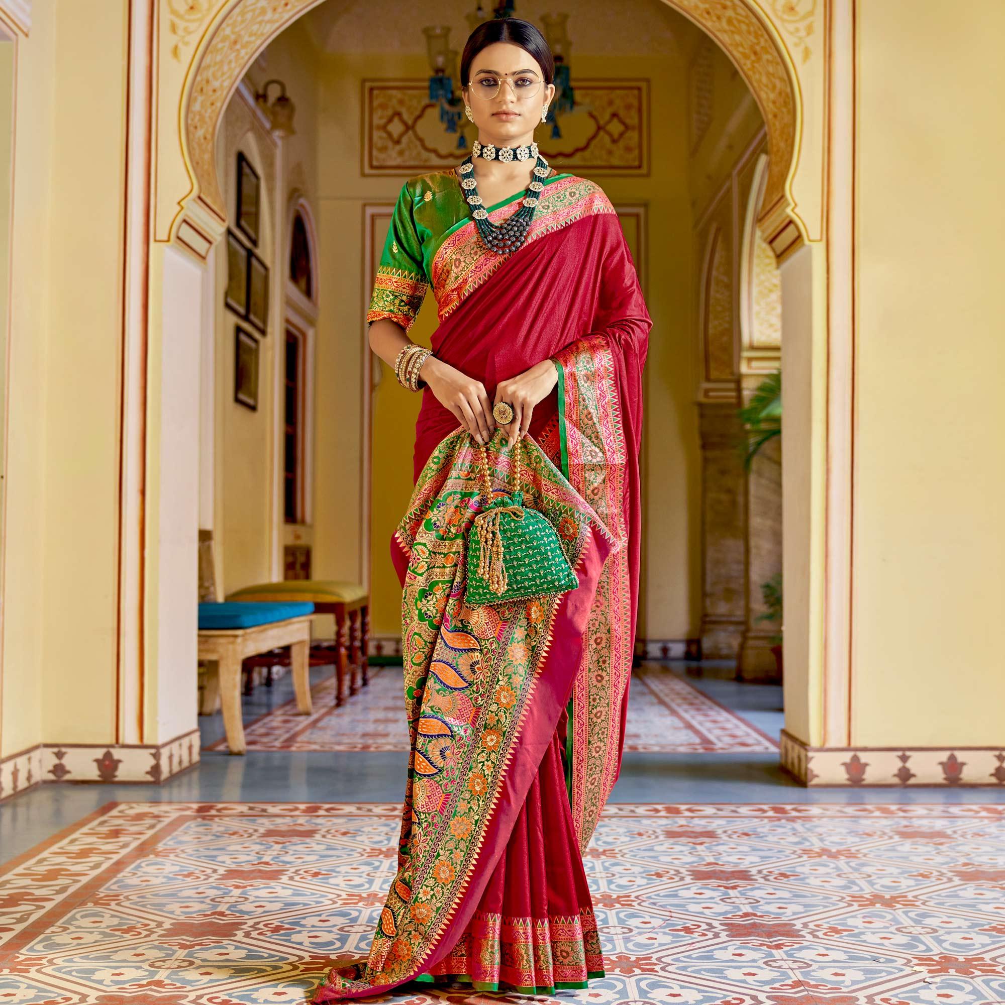 Fuchsia Pink Festive Wear Woven Banarasi Silk Saree - Peachmode