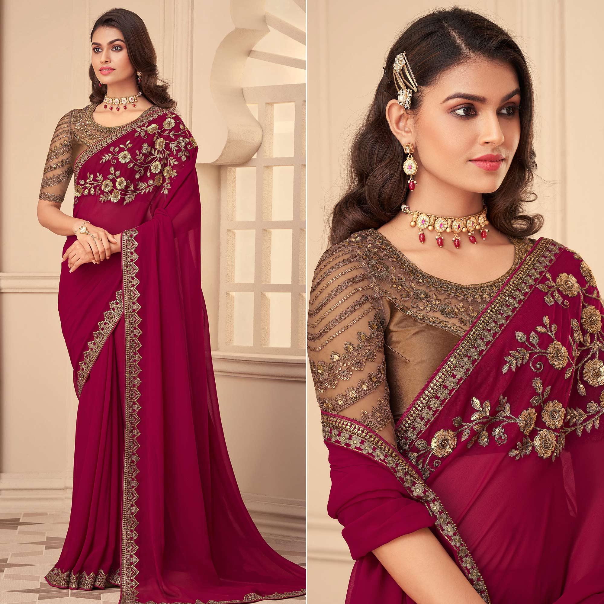 Fuchsia Pink Floral Sequence Embroidered Georgette Saree - Peachmode