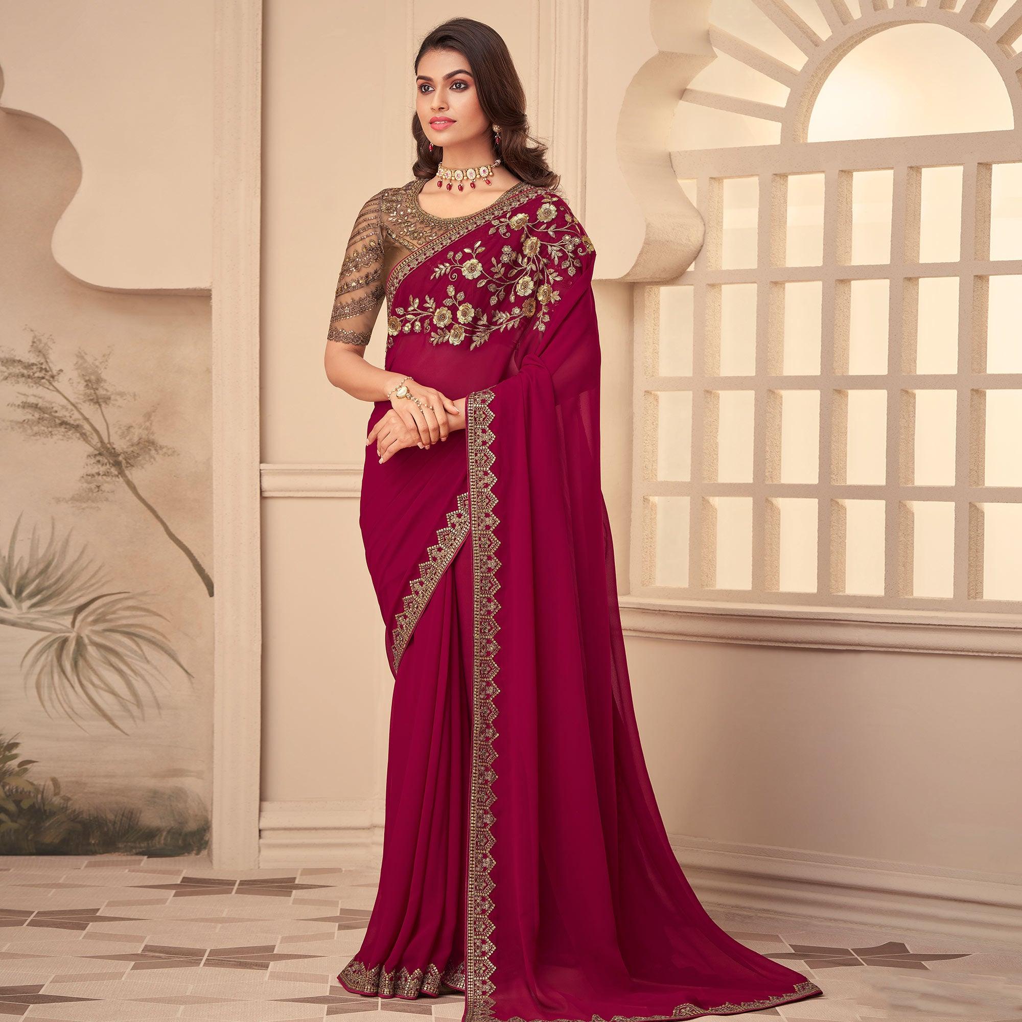 Fuchsia Pink Floral Sequence Embroidered Georgette Saree - Peachmode