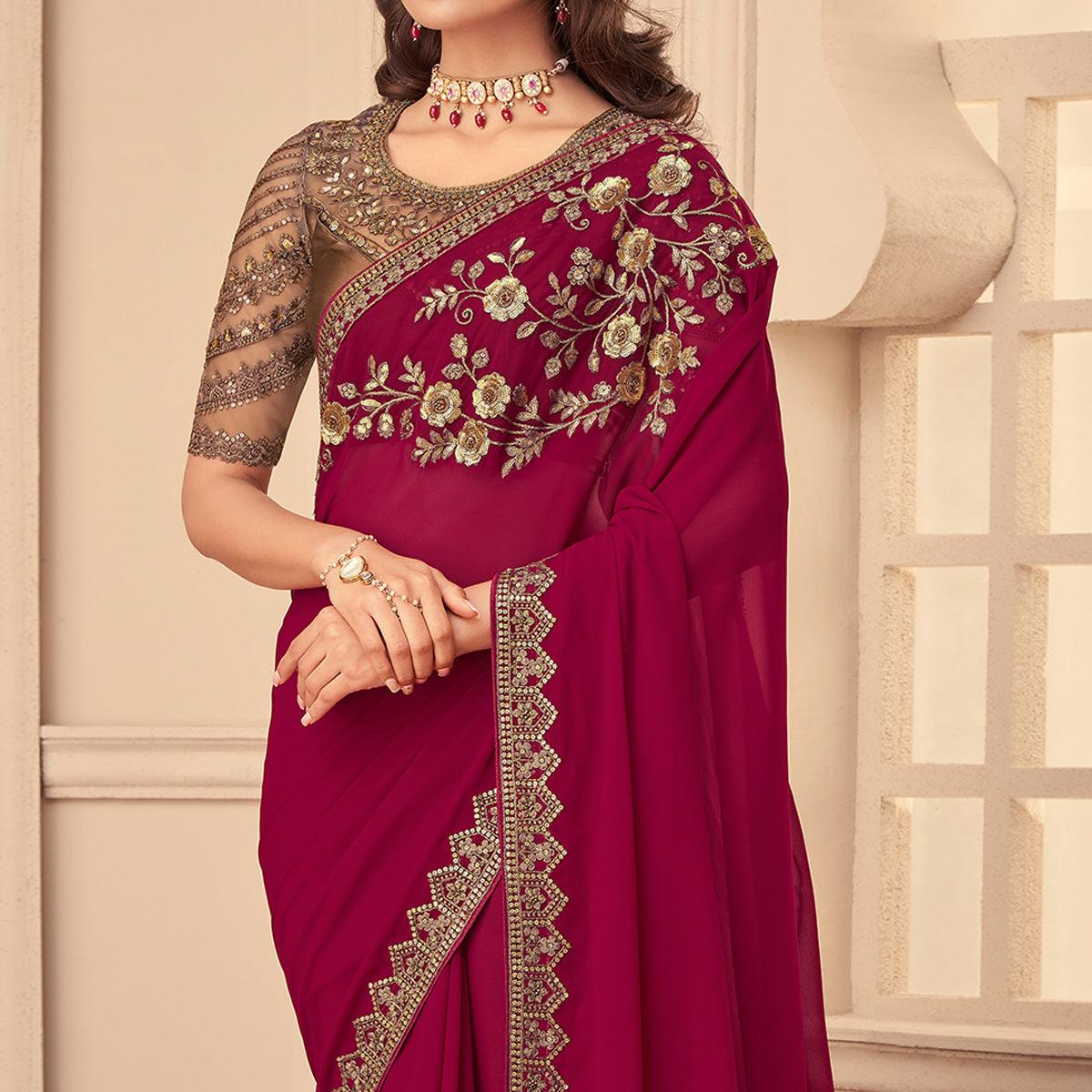 Fuchsia Pink Floral Sequence Embroidered Georgette Saree - Peachmode