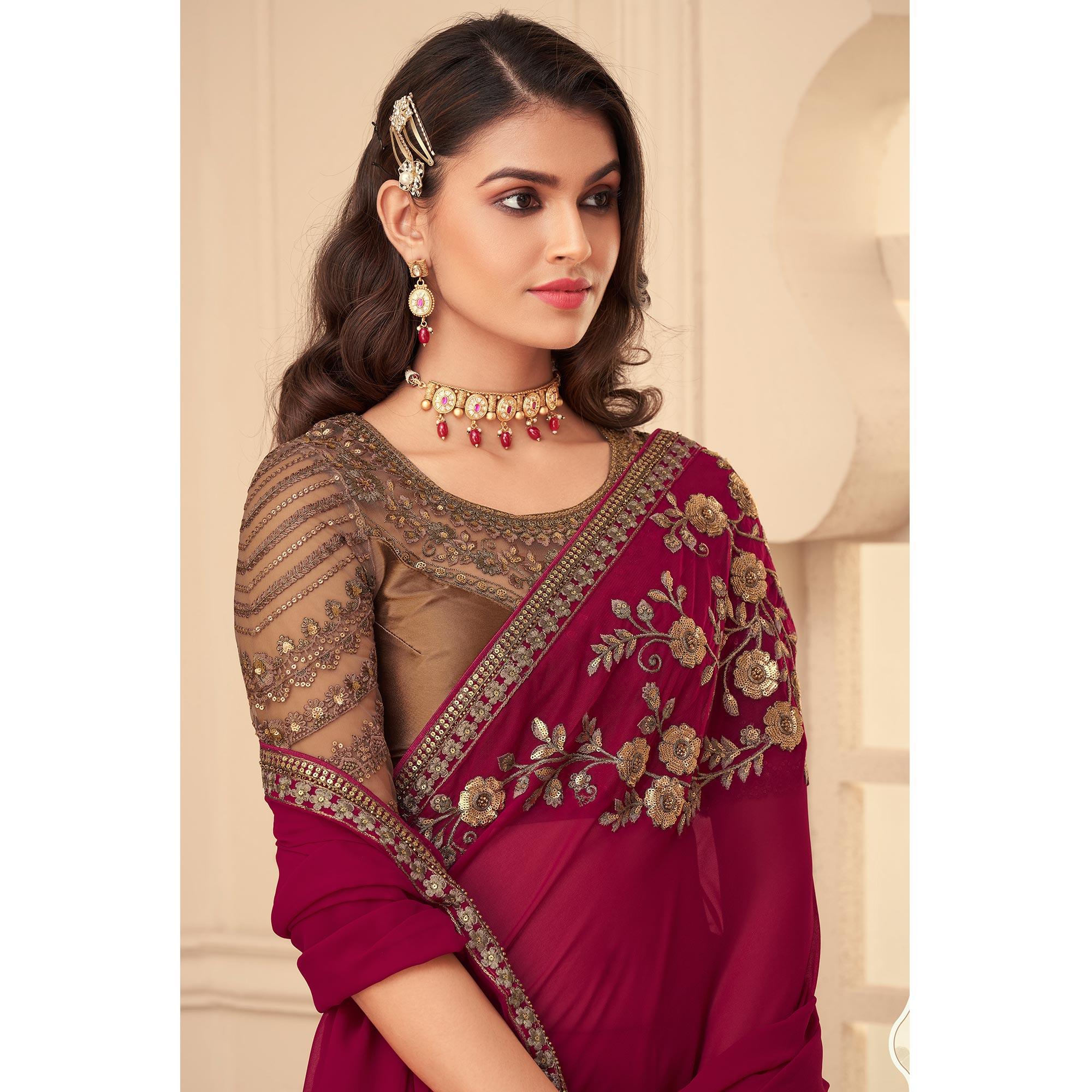 Fuchsia Pink Floral Sequence Embroidered Georgette Saree - Peachmode