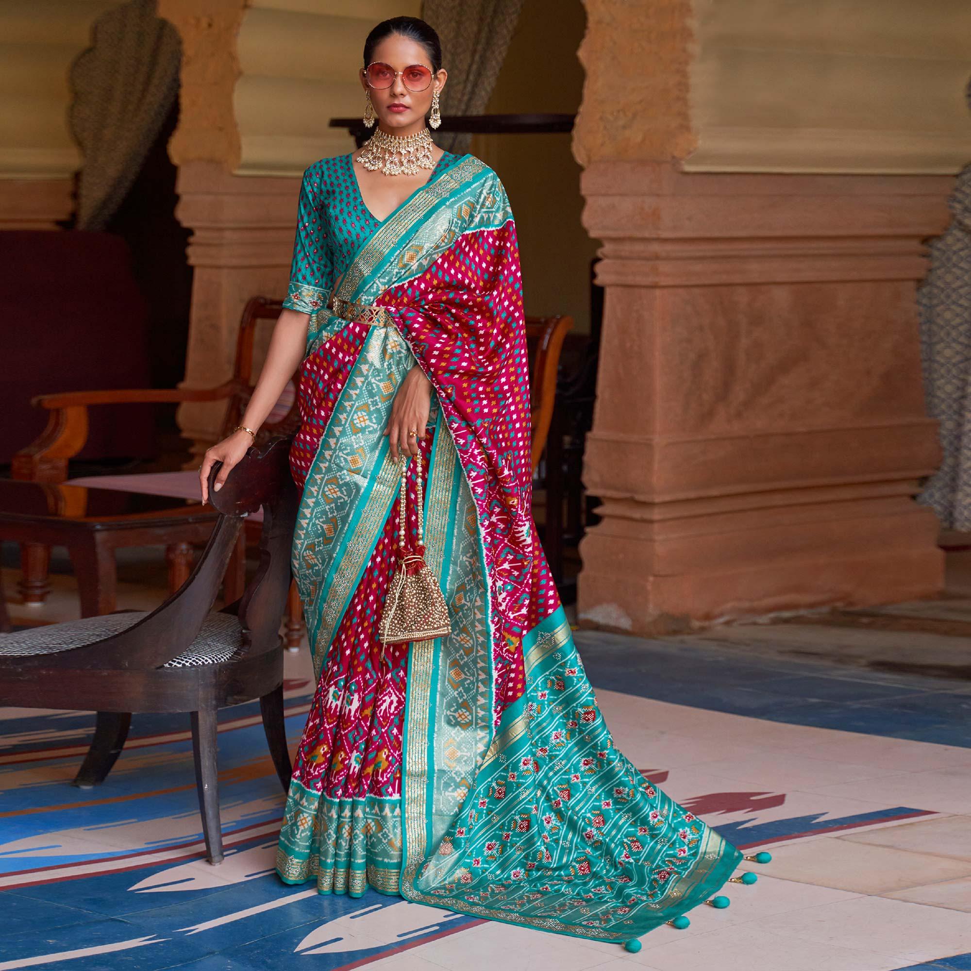 Fuchsia Pink Patola Printed Art Silk Saree With Tassels - Peachmode