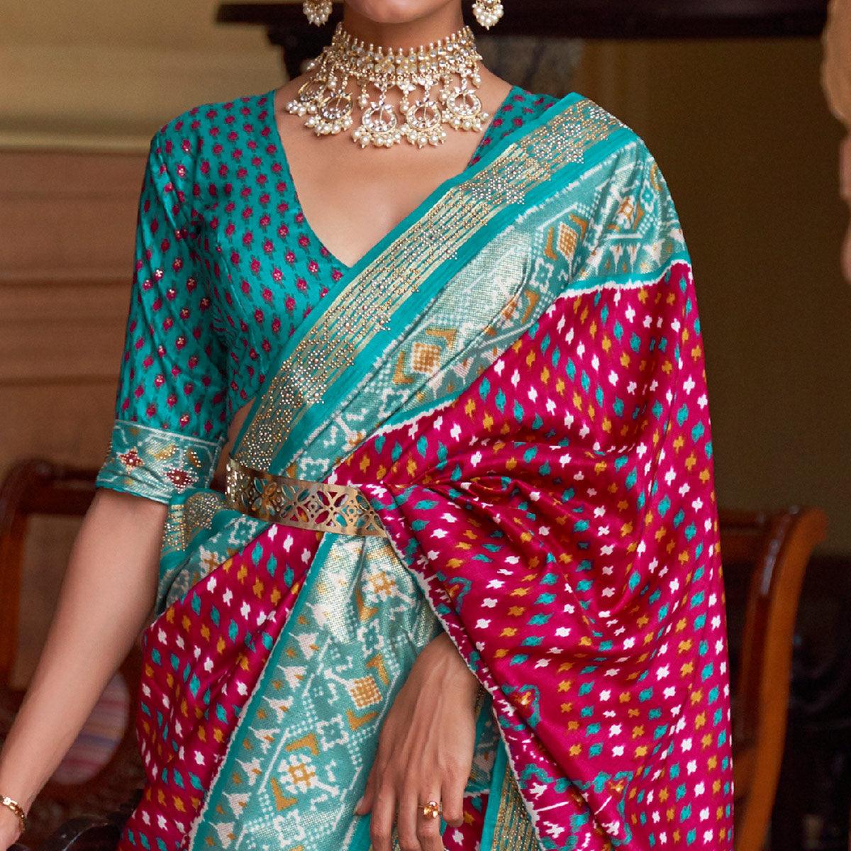 Fuchsia Pink Patola Printed Art Silk Saree With Tassels - Peachmode