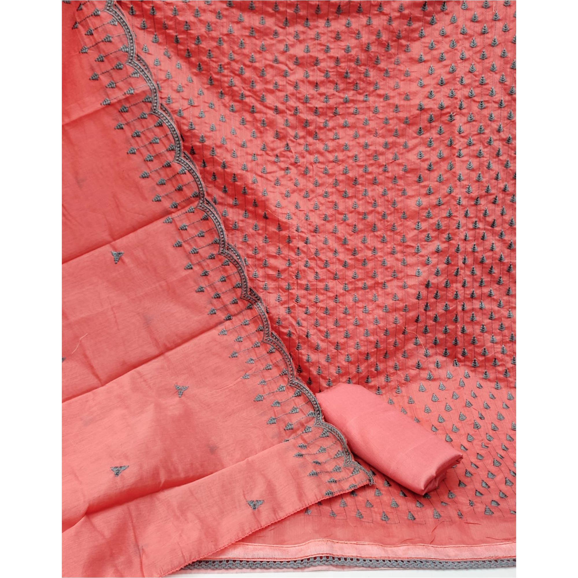 Gajari Casual Wear Embroidered Modal Chanderi Dress Material - Peachmode