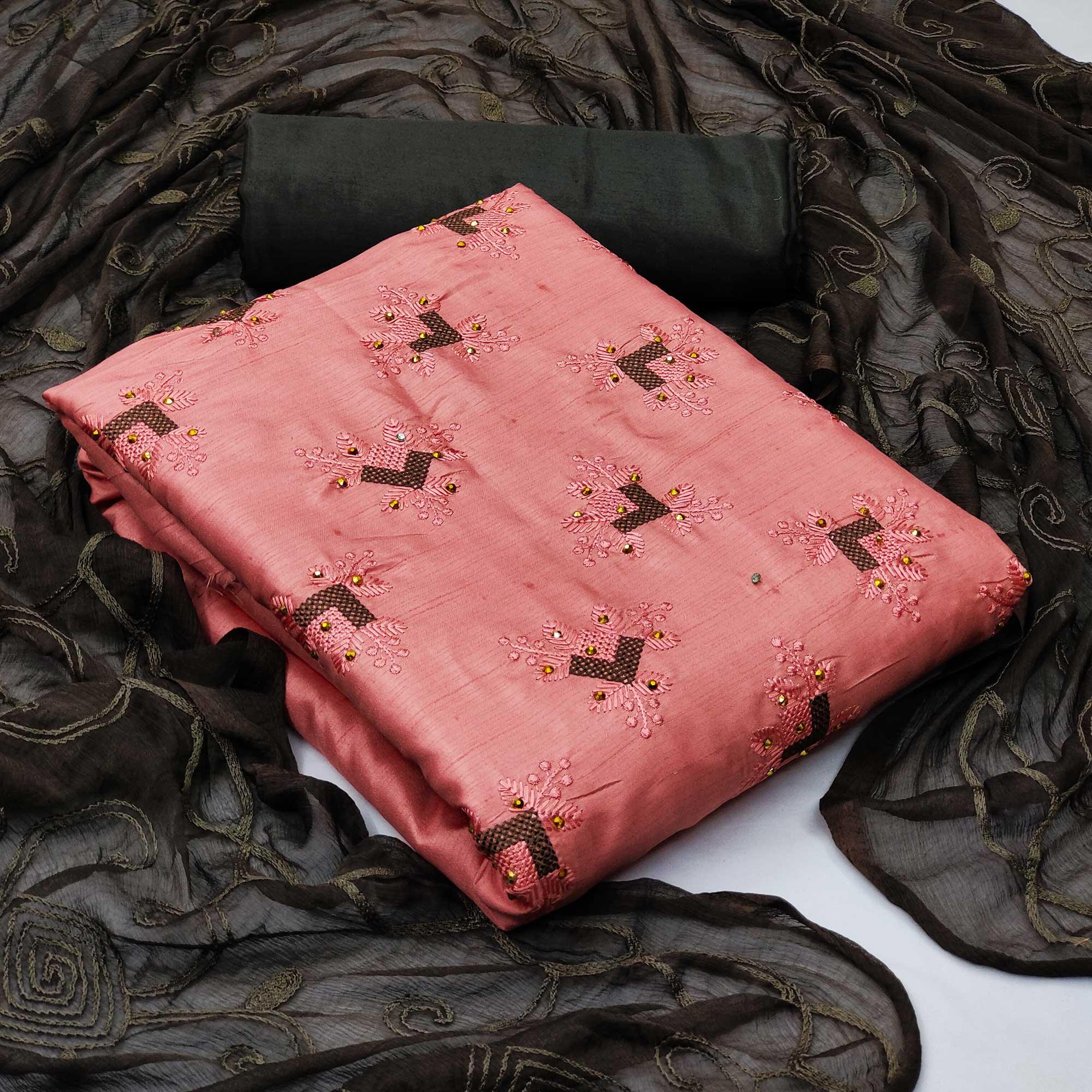 Gajari Pink Casual Wear Embroidered Zora Silk Dress Material - Peachmode