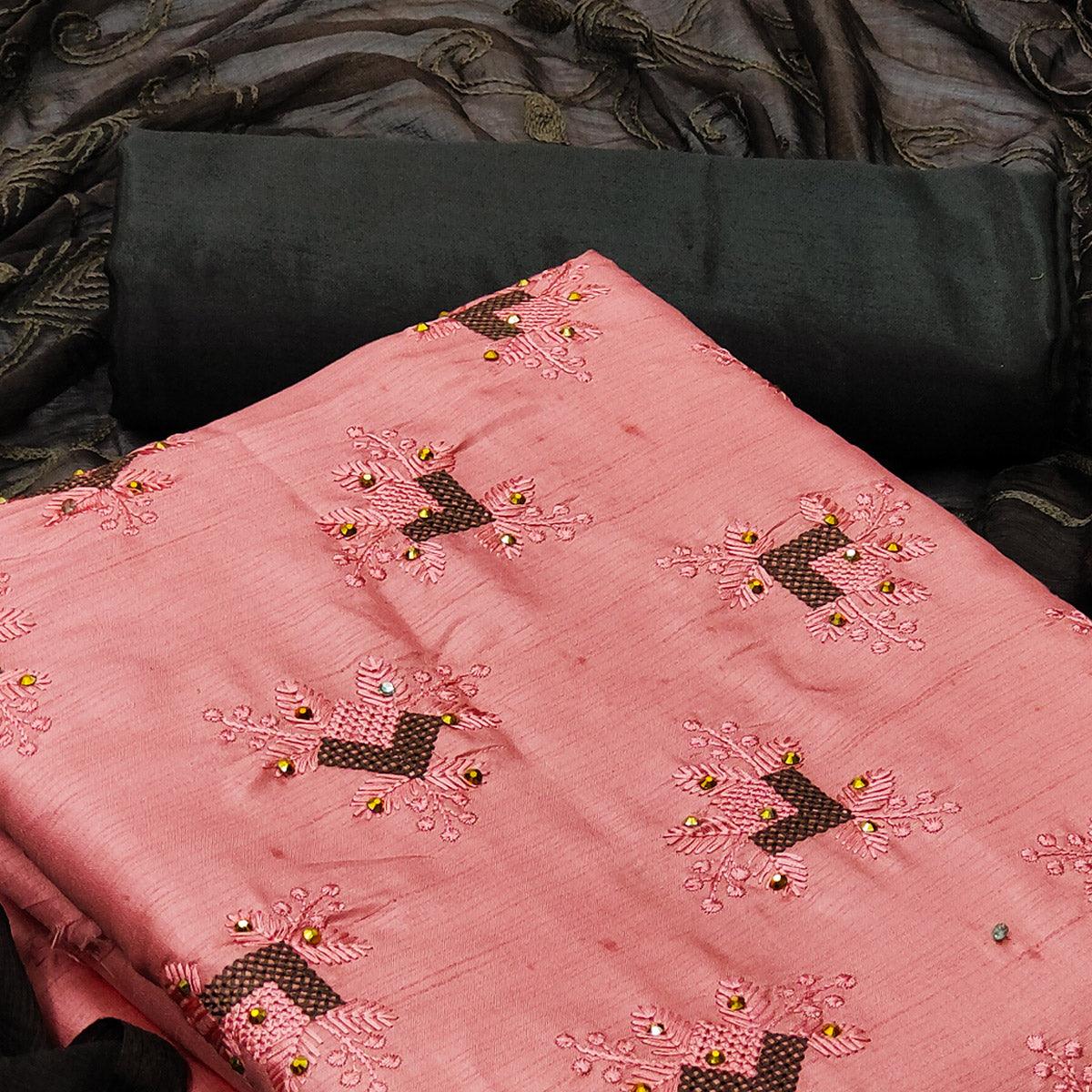 Gajari Pink Casual Wear Embroidered Zora Silk Dress Material - Peachmode