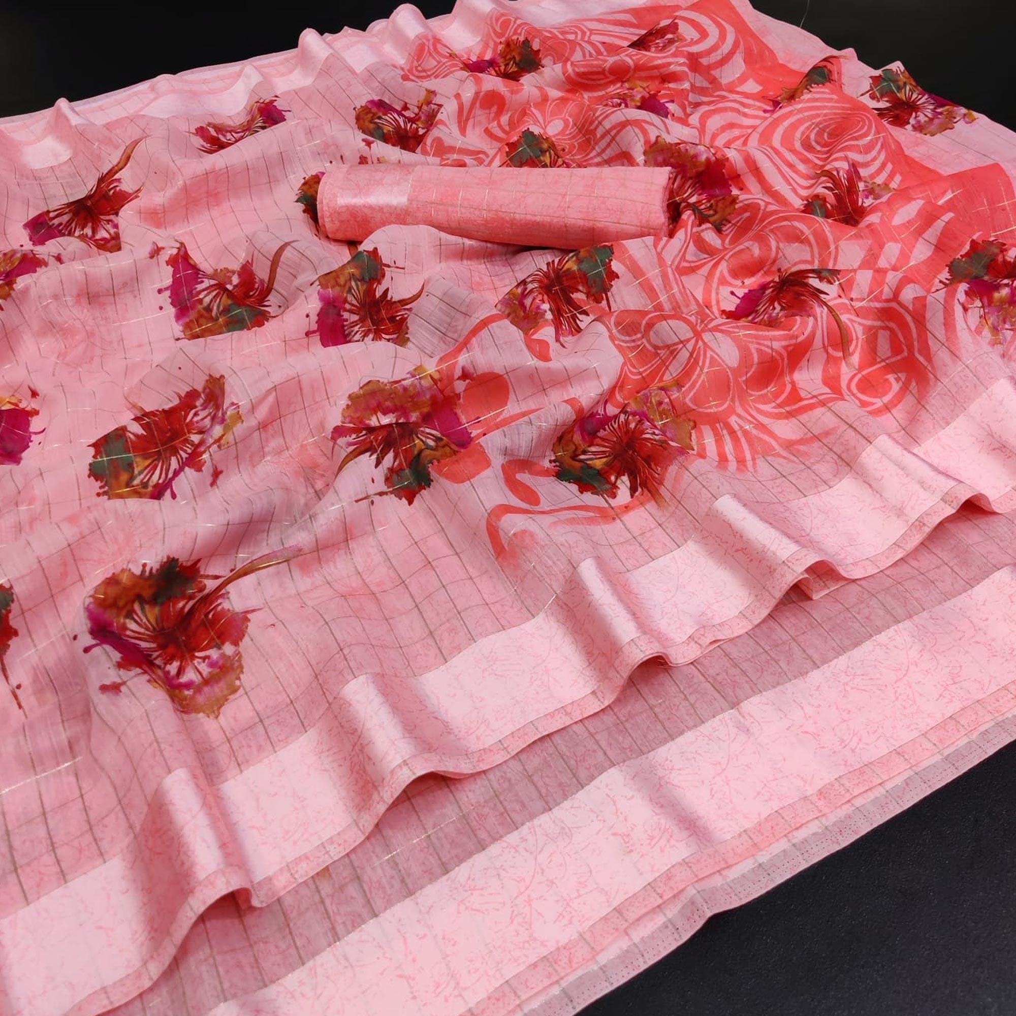 Gajari Pink Casual Wear Floral Print With Zari Checks Cotton Saree - Peachmode