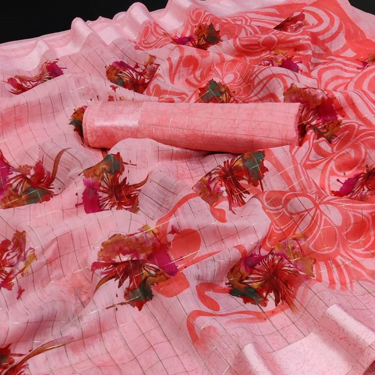 Gajari Pink Casual Wear Floral Print With Zari Checks Cotton Saree - Peachmode
