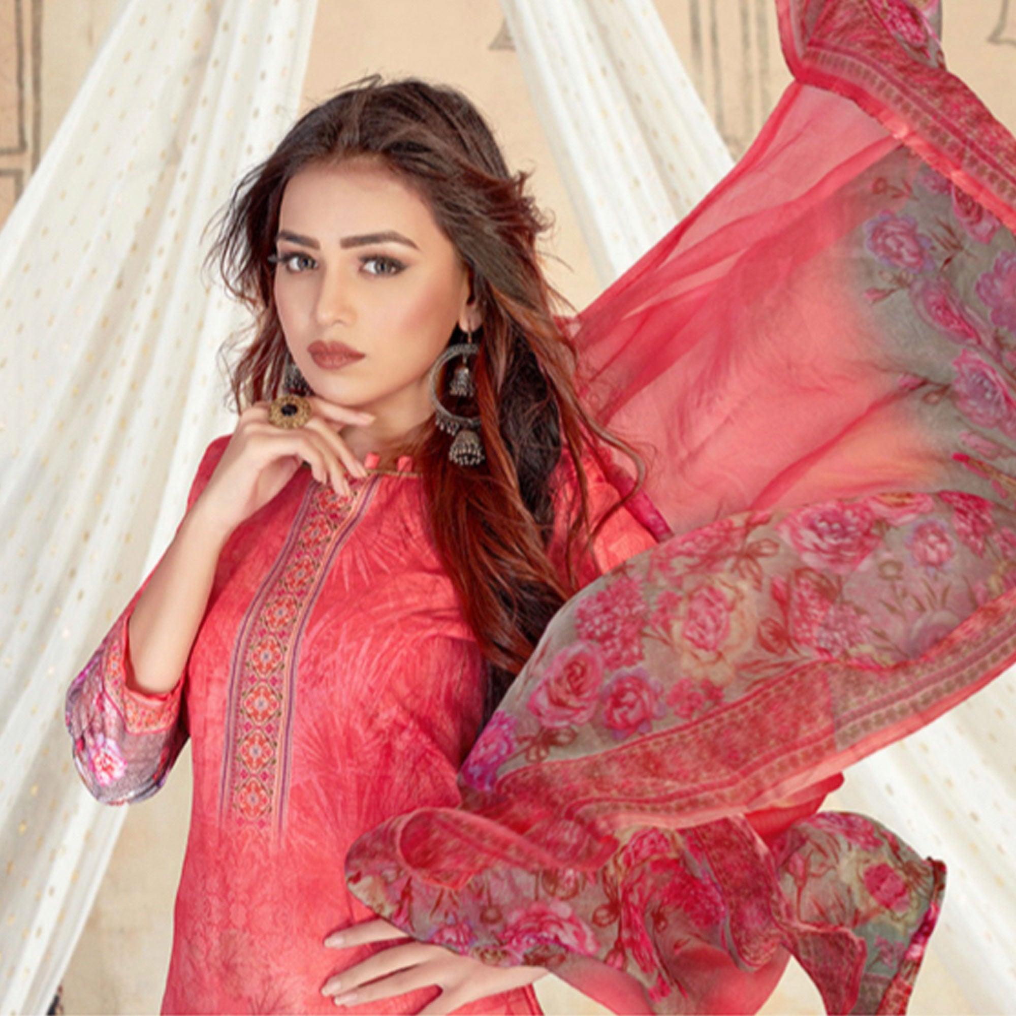 Gajari Pink Casual Wear Floral Printed Cotton Dress Material - Peachmode