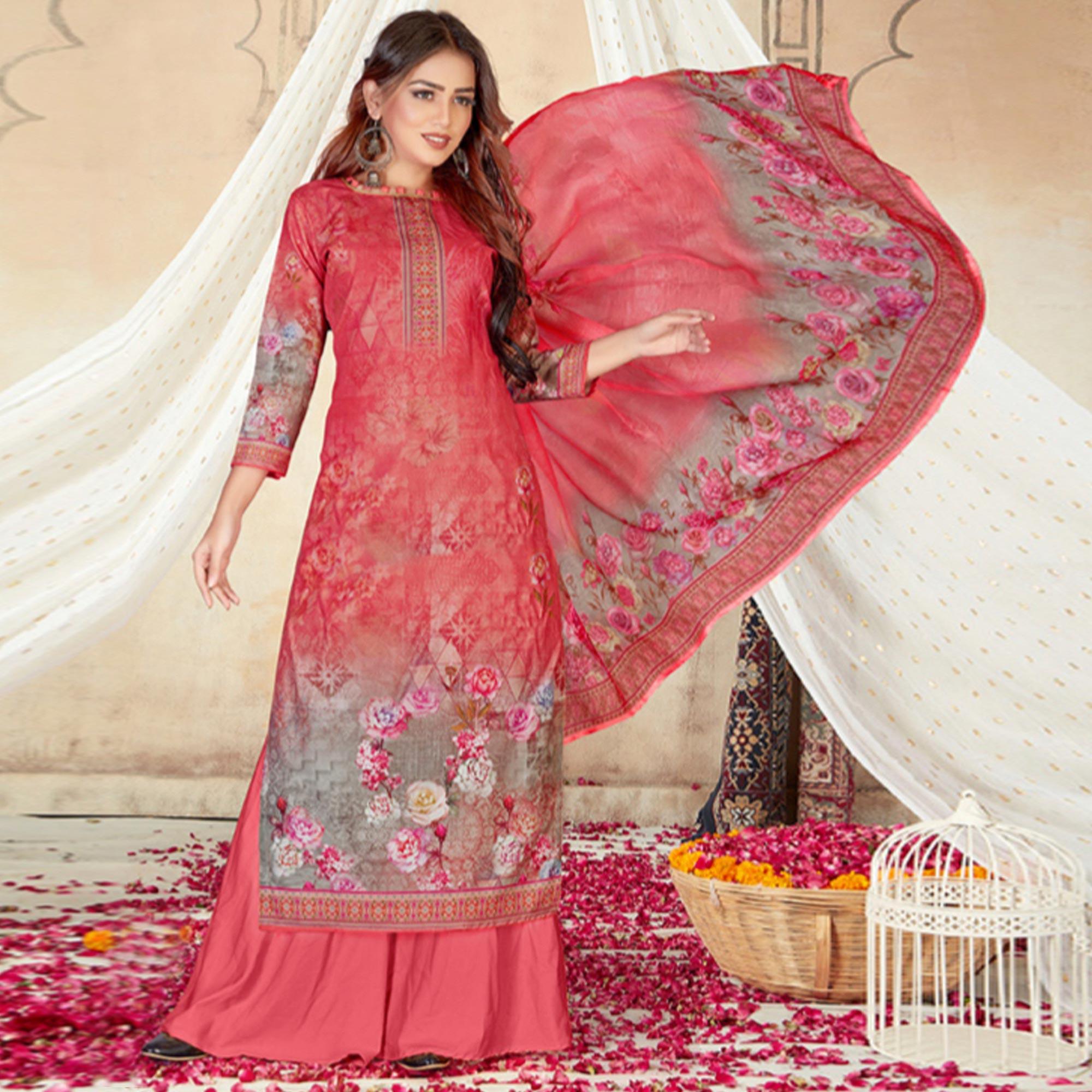 Gajari Pink Casual Wear Floral Printed Cotton Dress Material - Peachmode