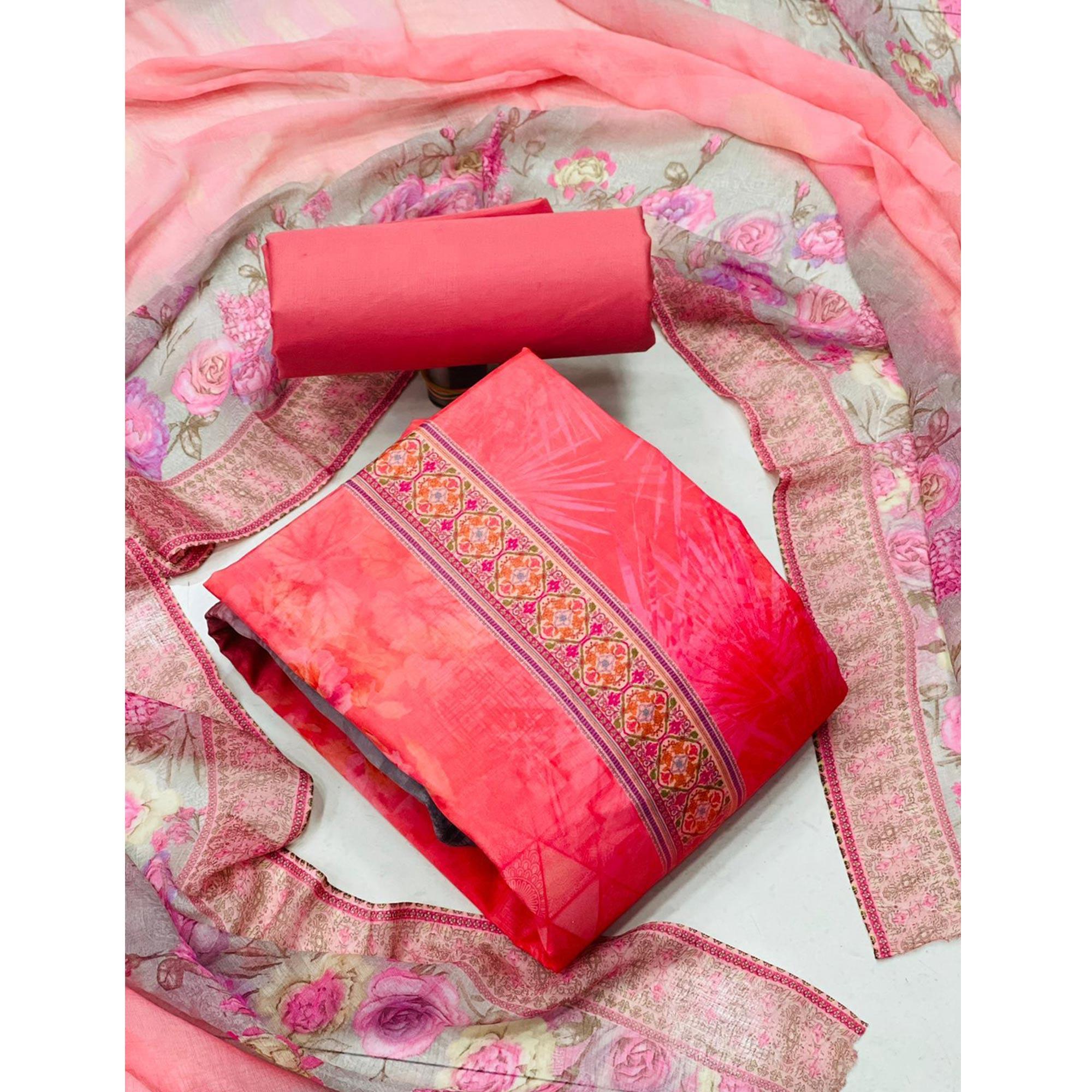 Gajari Pink Casual Wear Floral Printed Cotton Dress Material - Peachmode