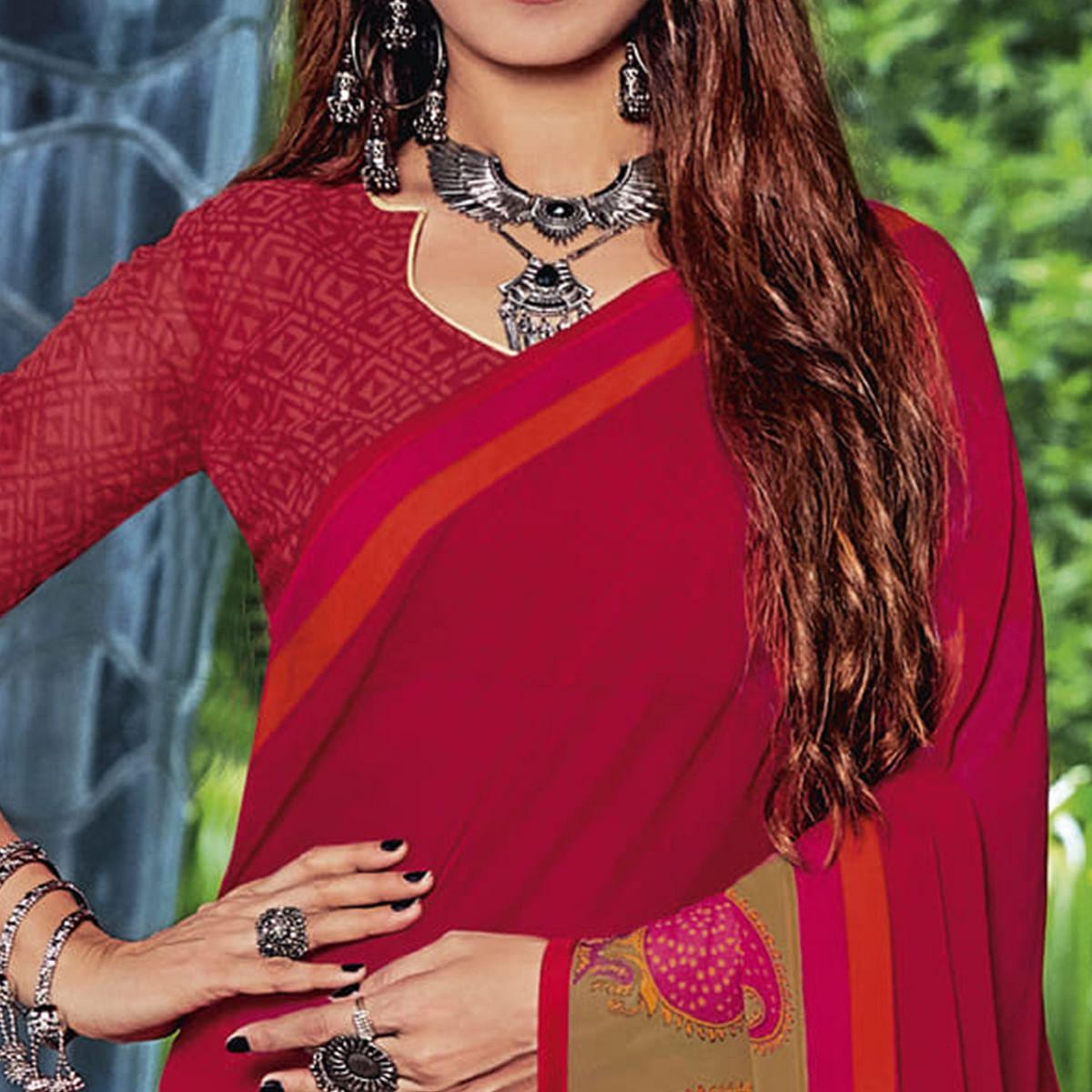 Gajari Pink Casual Wear Printed Georgette Saree - Peachmode