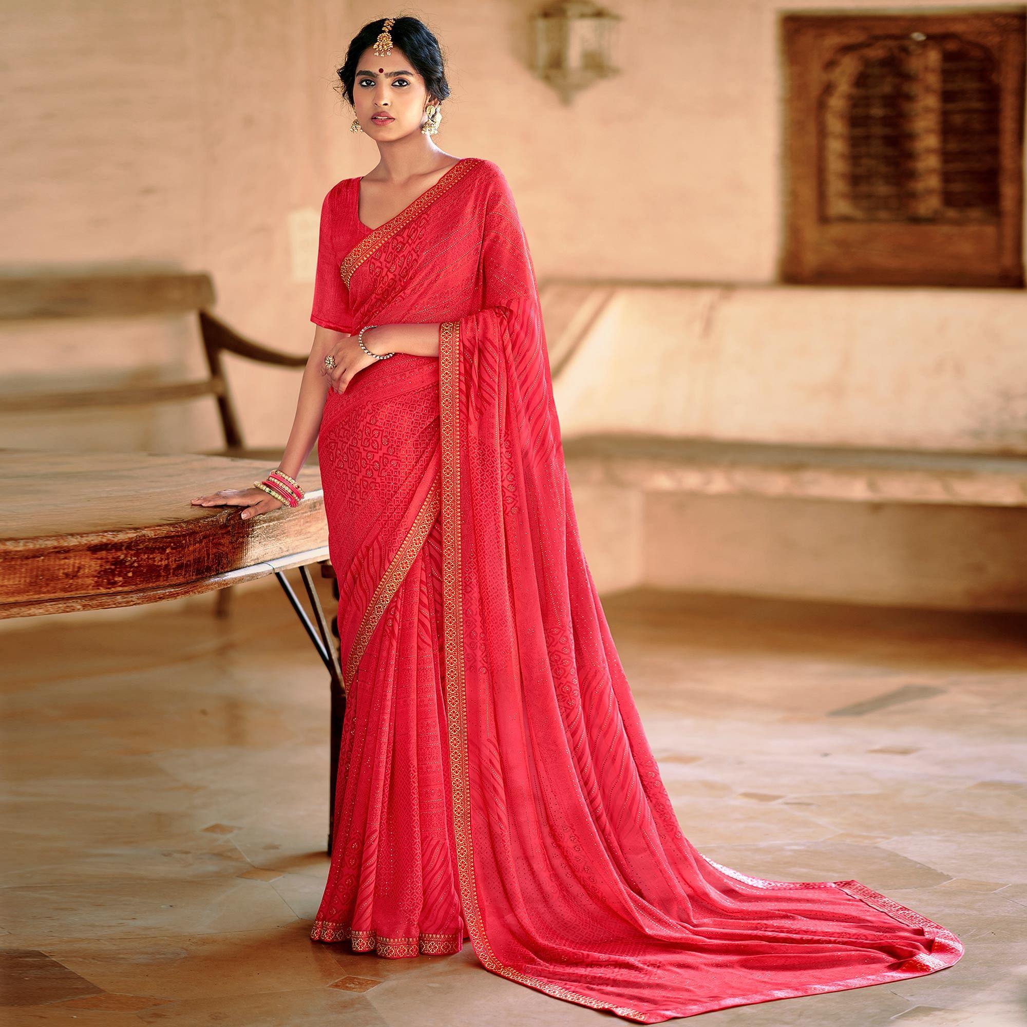 Gajari Pink Casual Wear Printed With Fancy Lace Georgette Saree - Peachmode