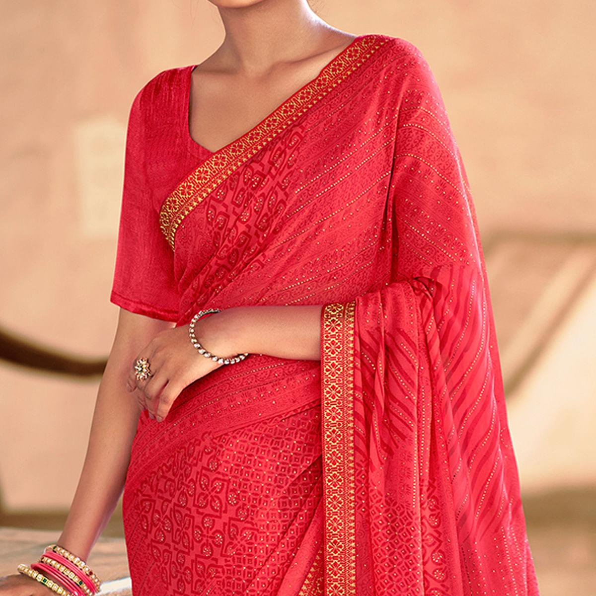 Gajari Pink Casual Wear Printed With Fancy Lace Georgette Saree - Peachmode