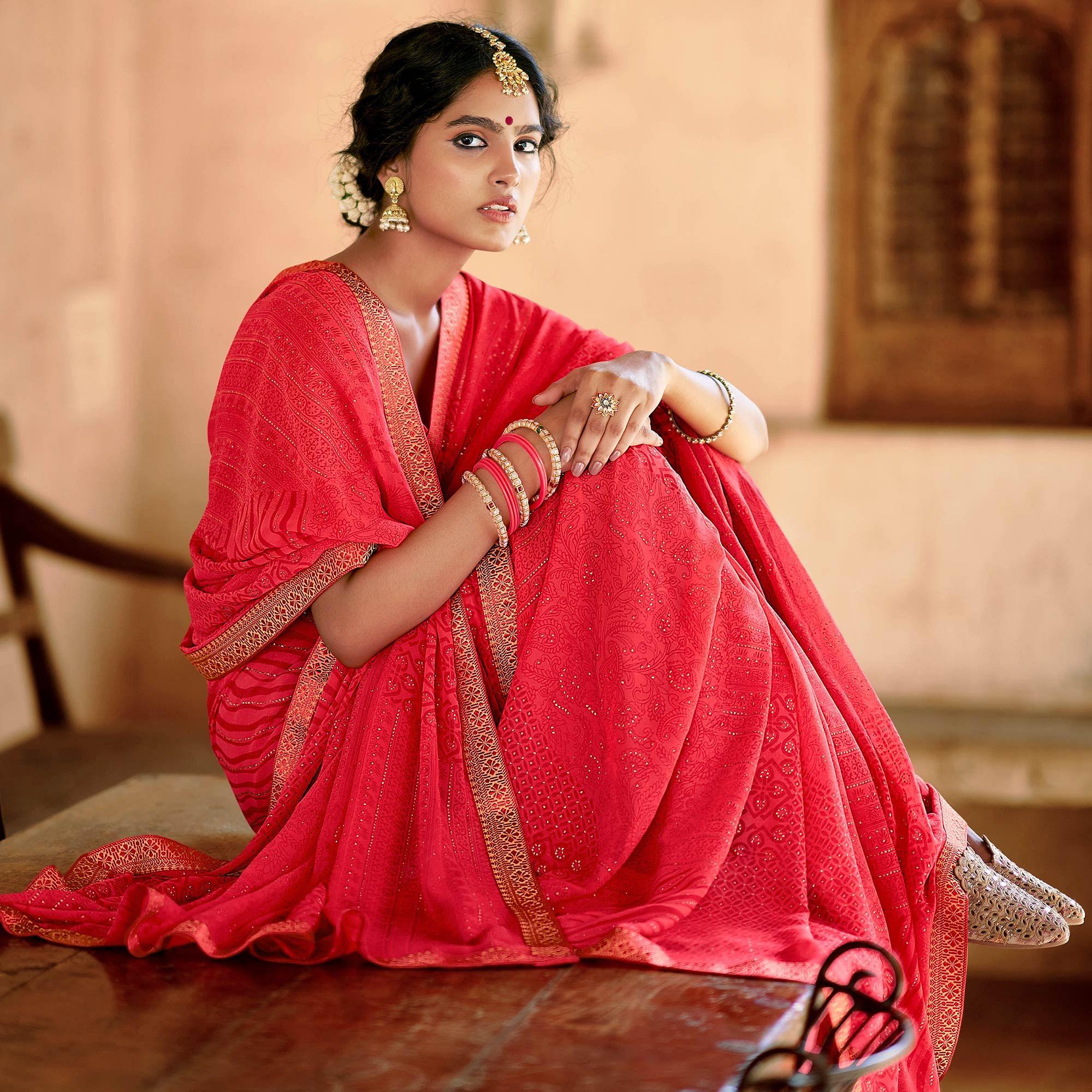Gajari Pink Casual Wear Printed With Fancy Lace Georgette Saree - Peachmode